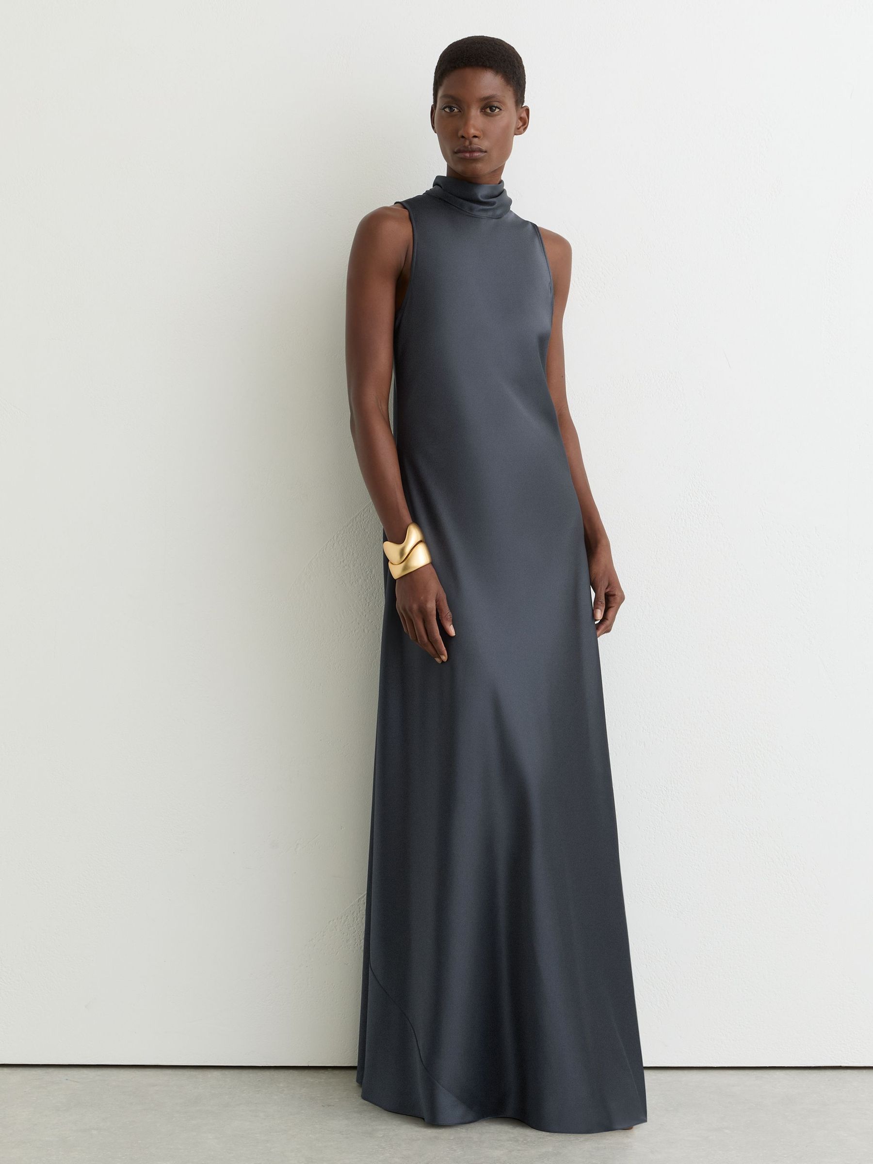 Petite Satin Cape Maxi Dress in Grey - Image 1 of 9 Petite Satin Cape Maxi Dress in Grey - Image 1 of 9
