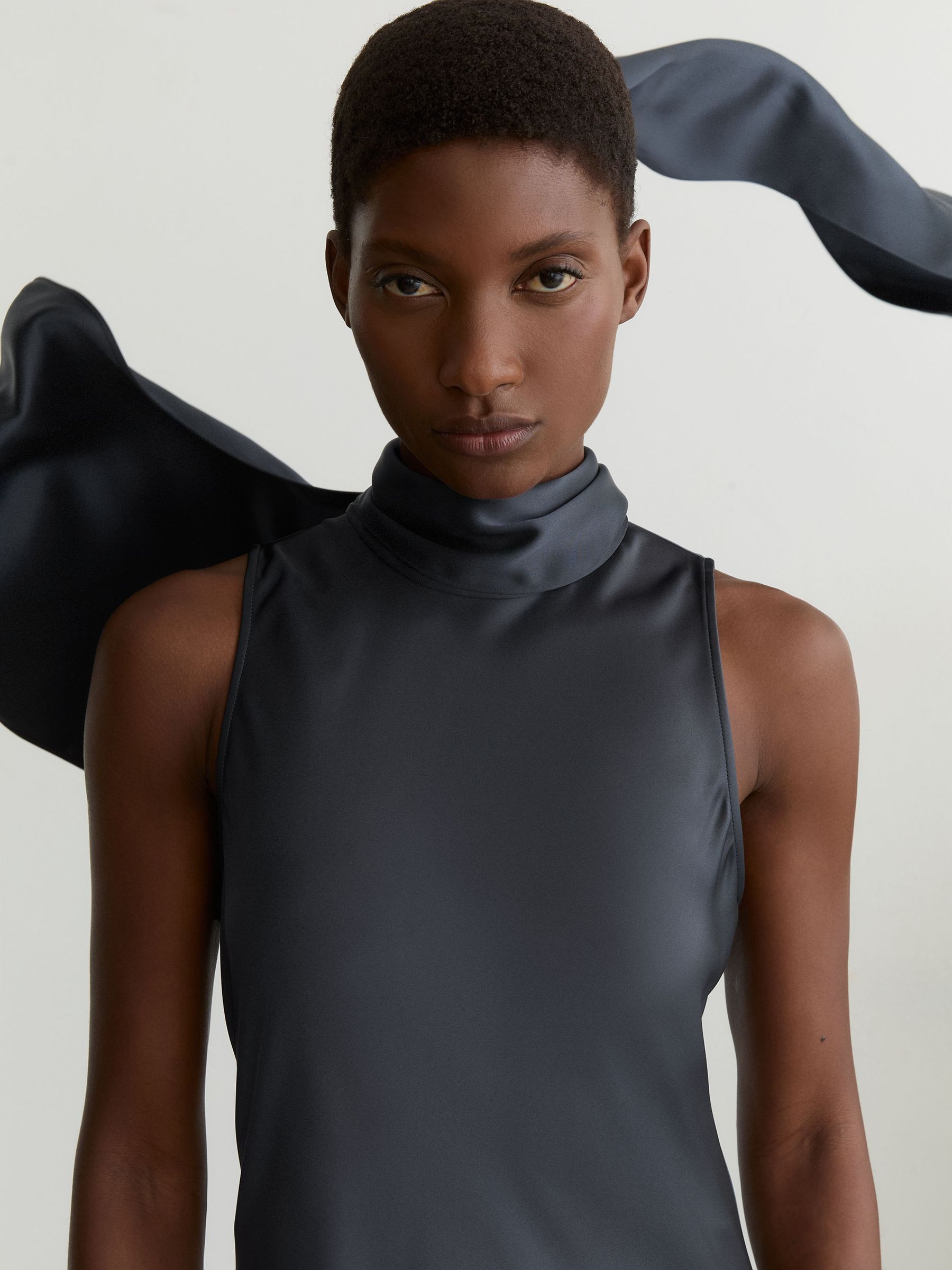 Petite Satin Cape Maxi Dress in Grey - Image 3 of 9