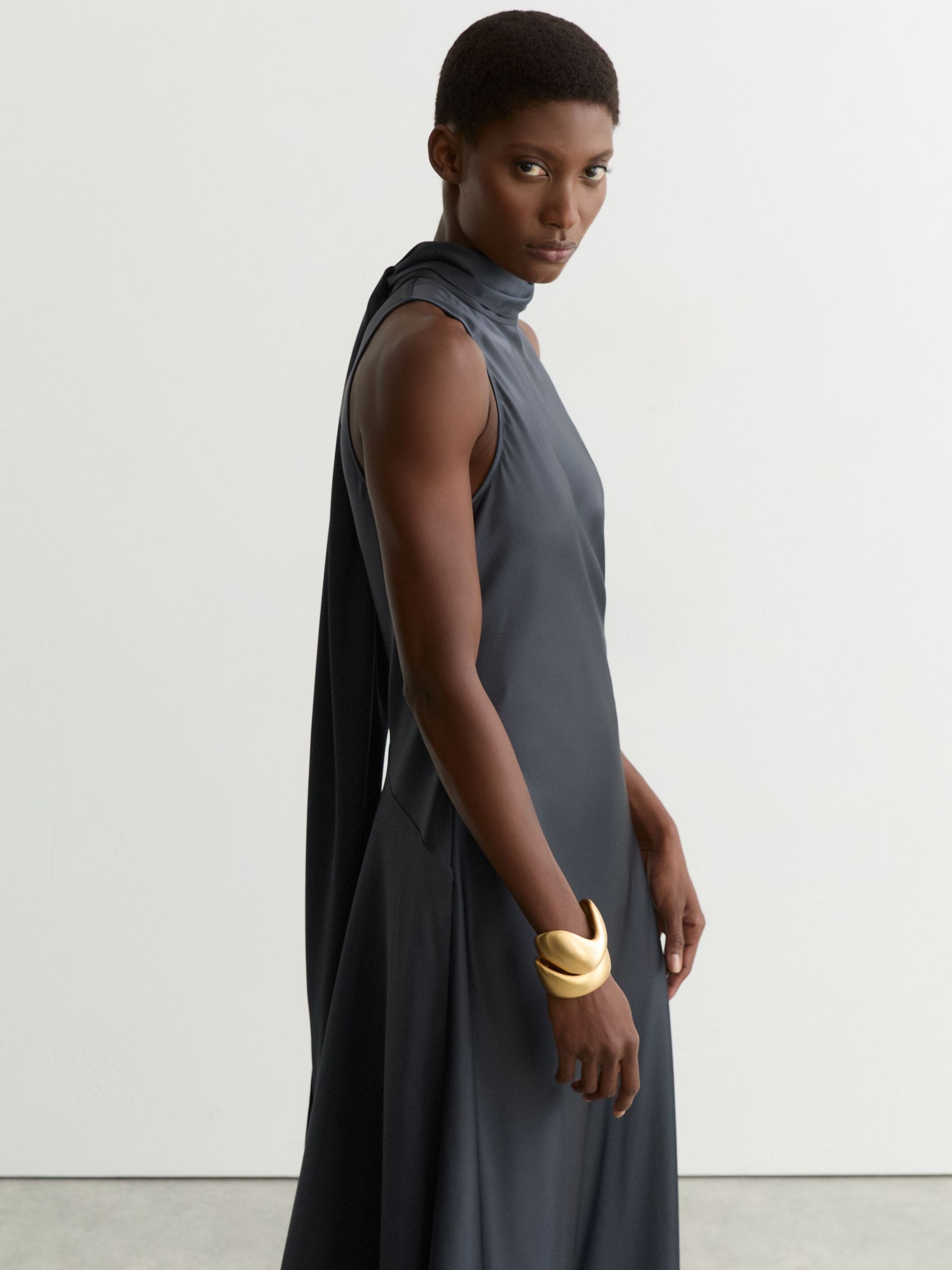 Petite Satin Cape Maxi Dress in Grey - Image 5 of 9