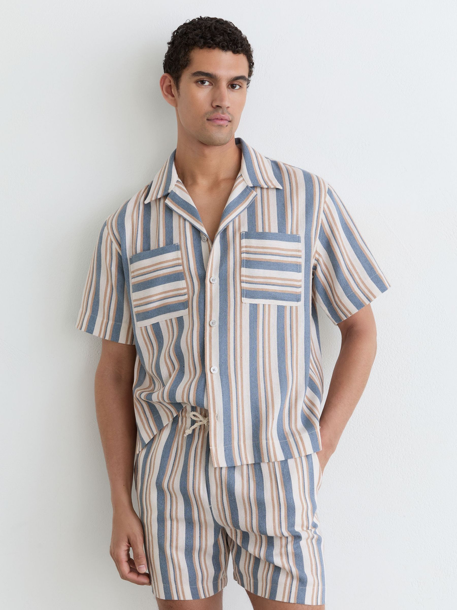 Striped Cuban-Collar Shirt in Blue/Ecru - Image 1 of 5