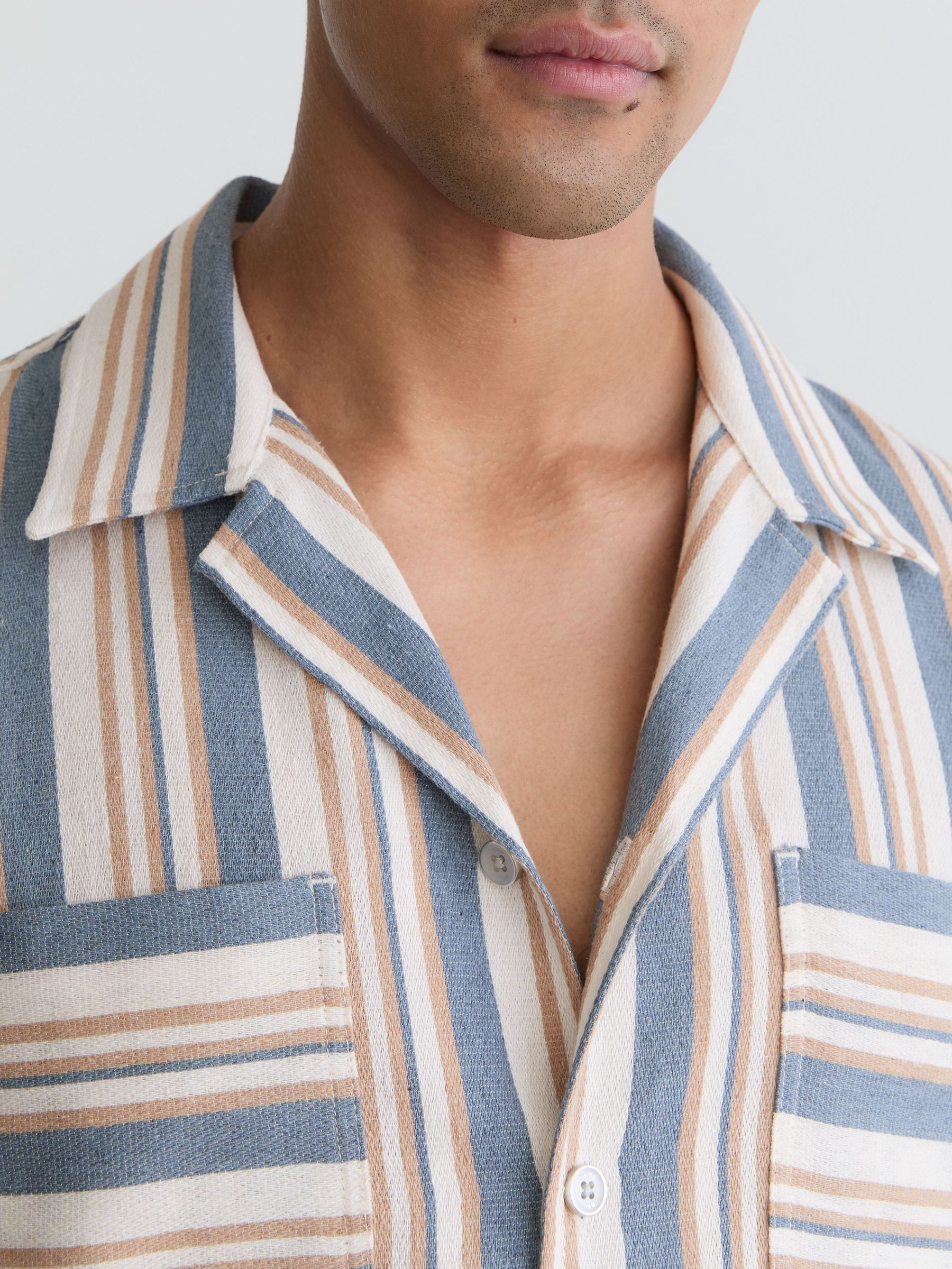 Striped Cuban-Collar Shirt in Blue/Ecru - Image 3 of 5