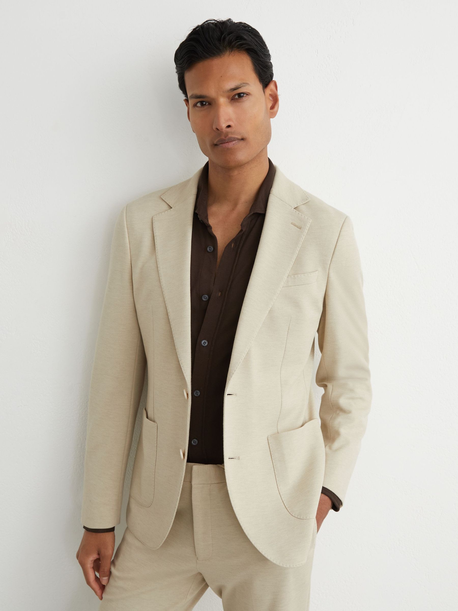 Tailored Fit Textured Jersey Single-Breasted Suit Blazer in Stone - image 2
