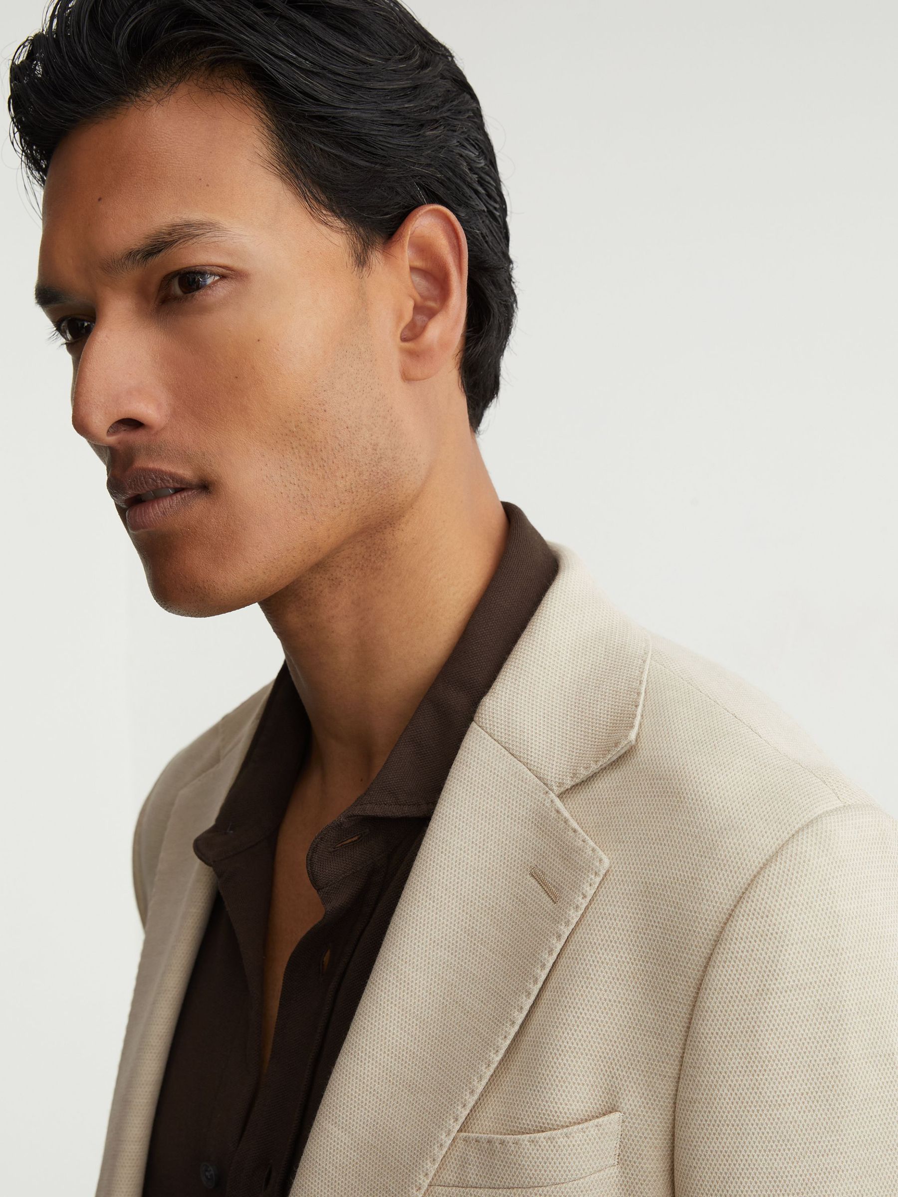 Textured Jersey Single-Breasted Suit Blazer Tailored Fit in Stone - Image 3 of 7