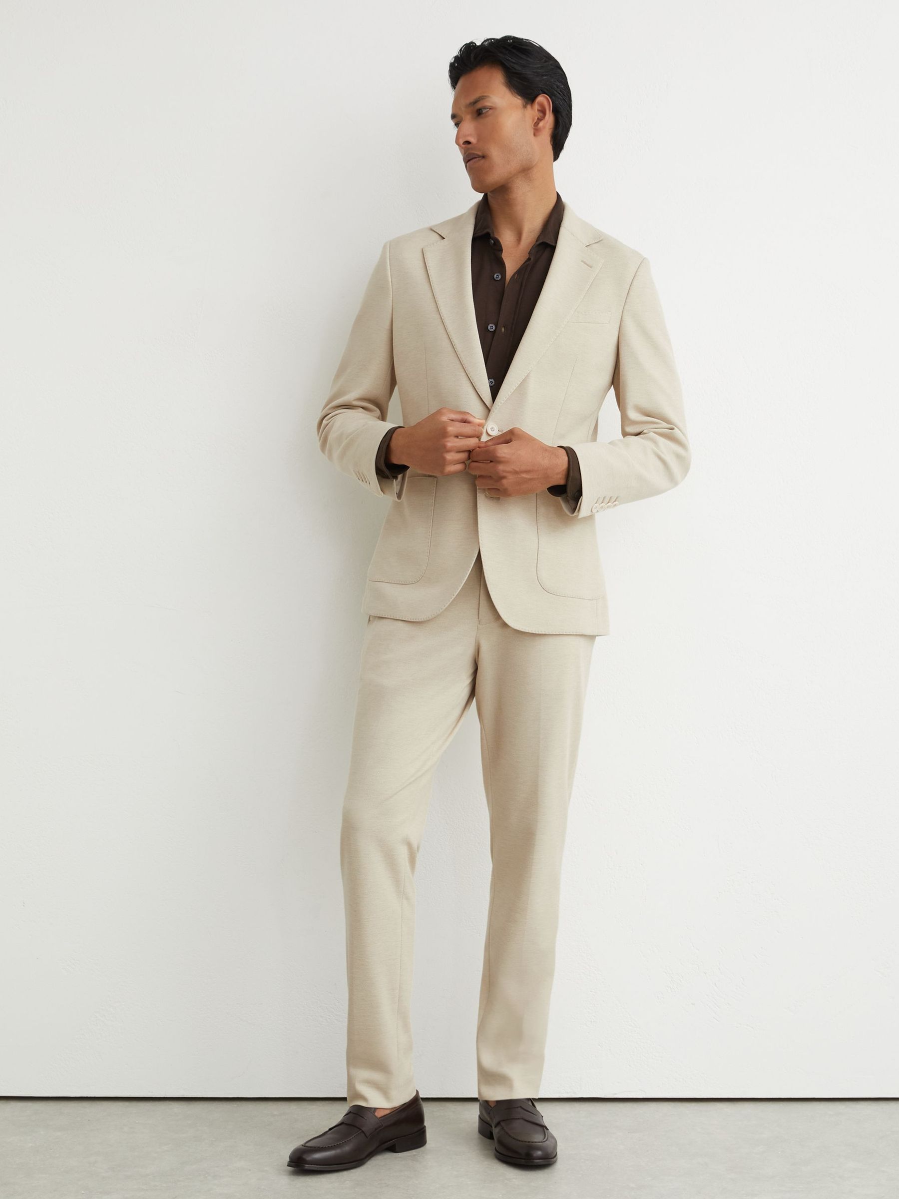 Tailored Fit Textured Jersey Single-Breasted Suit Blazer in Stone - image 5