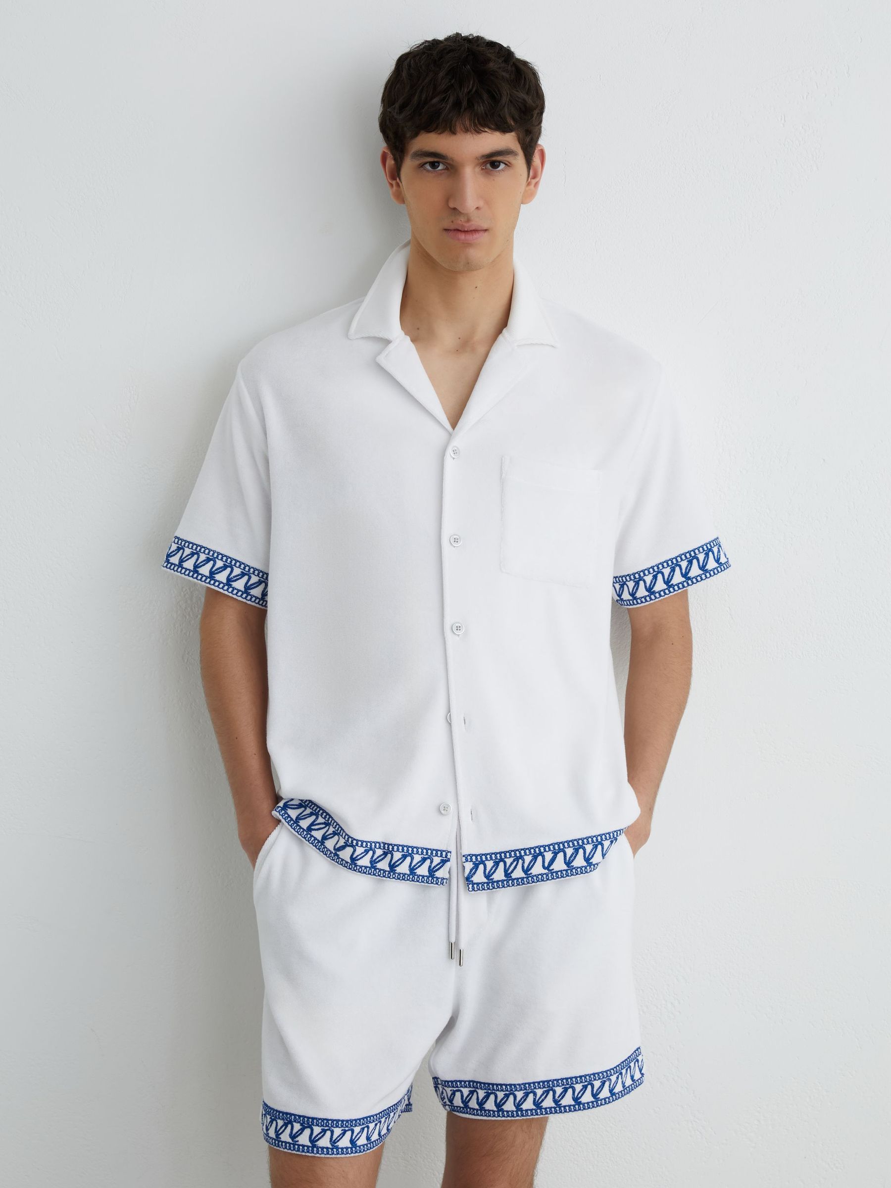 Cotton-Blend Towelling Embroidered Shirt in White - image 4