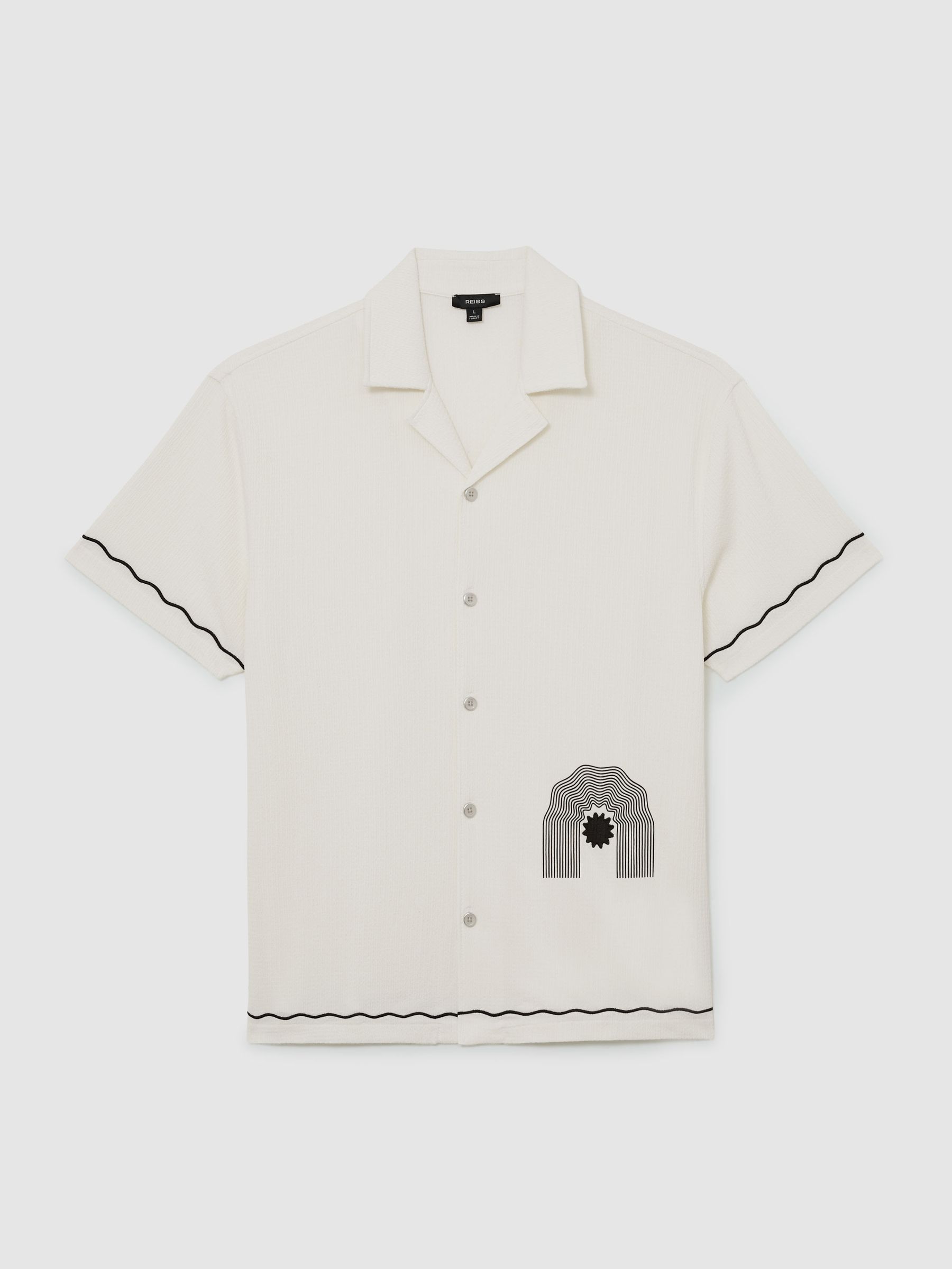 Textured Motif-Print Cuban-Collar Shirt in White