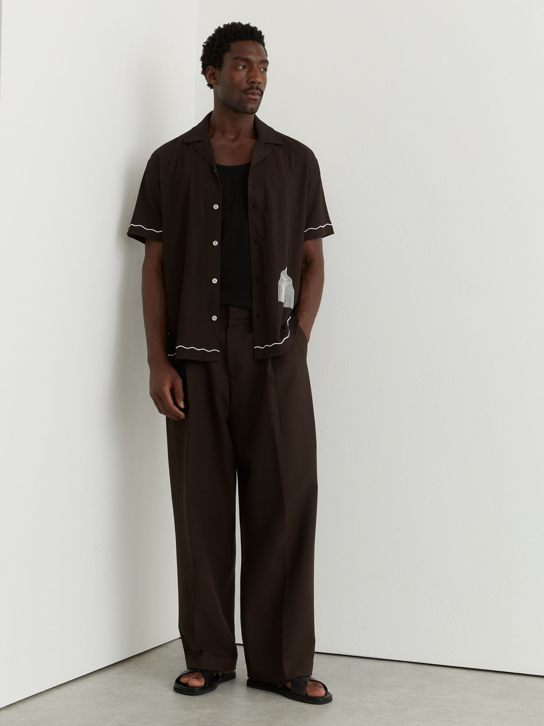 Textured Motif-Print Cuban-Collar Shirt in Dark Brown - Image 1 of 7