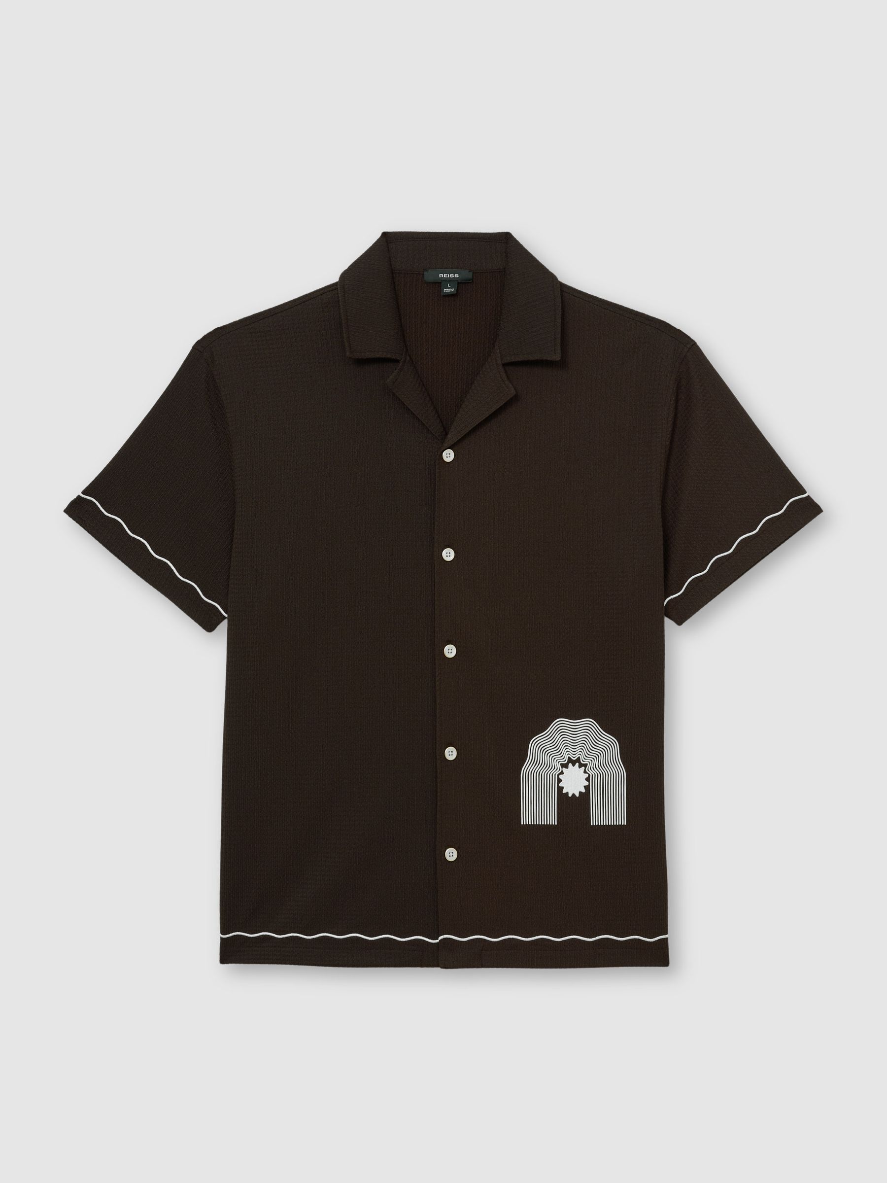 Textured Motif-Print Cuban-Collar Shirt in Dark Brown - Image 2 of 7