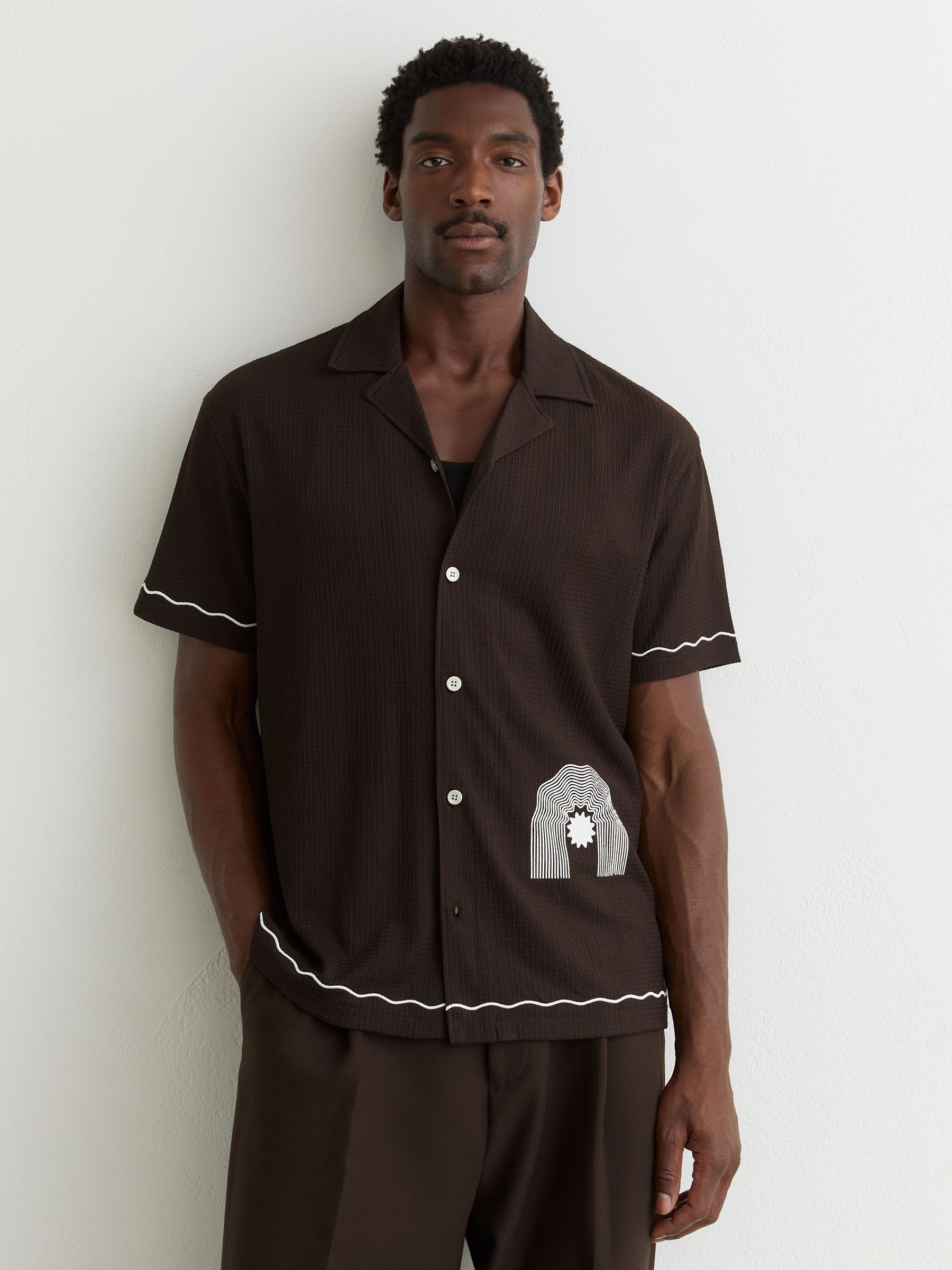 Textured Motif-Print Cuban-Collar Shirt in Dark Brown - Image 3 of 7