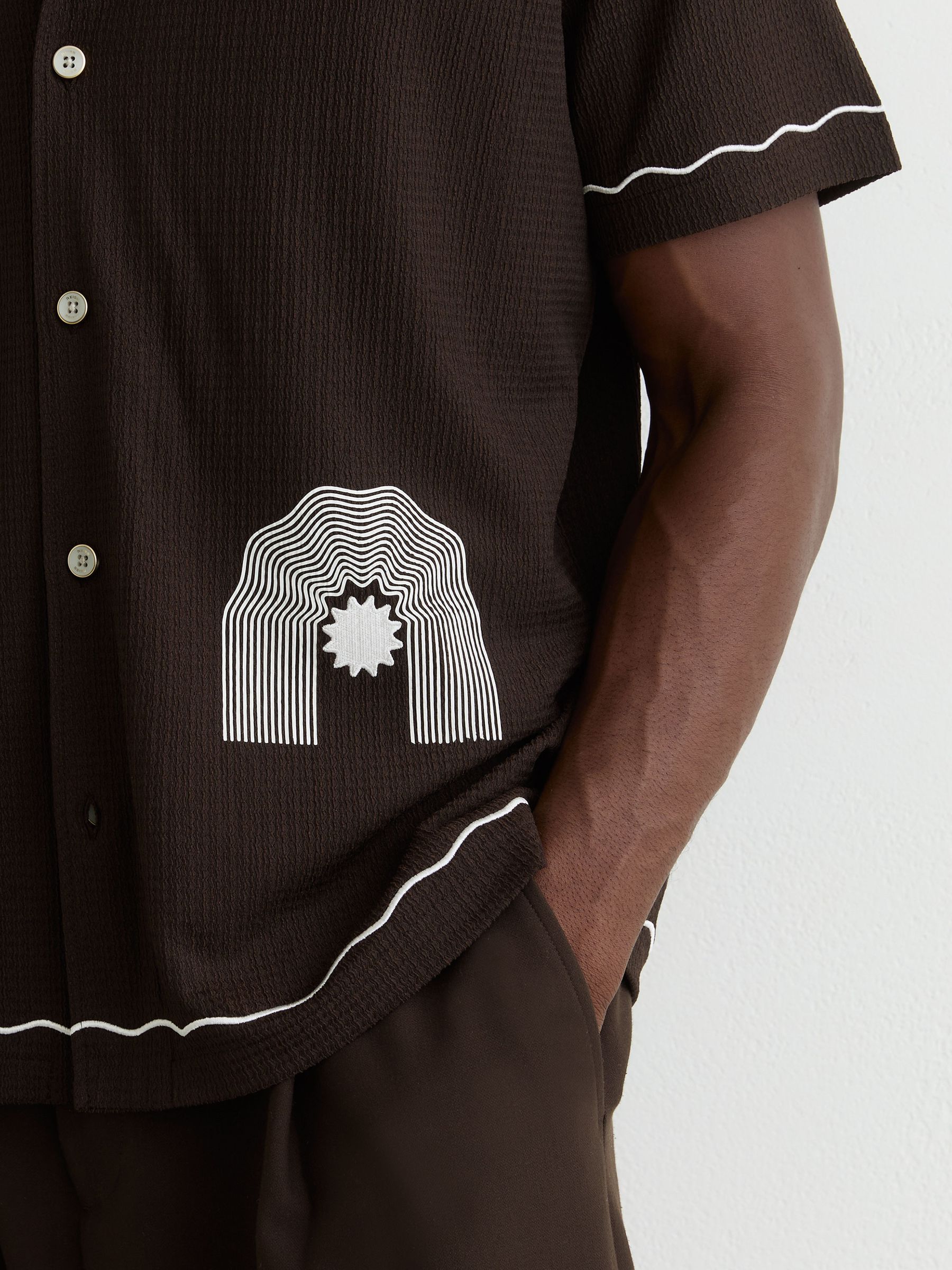 Textured Motif-Print Cuban-Collar Shirt in Dark Brown - Image 5 of 7