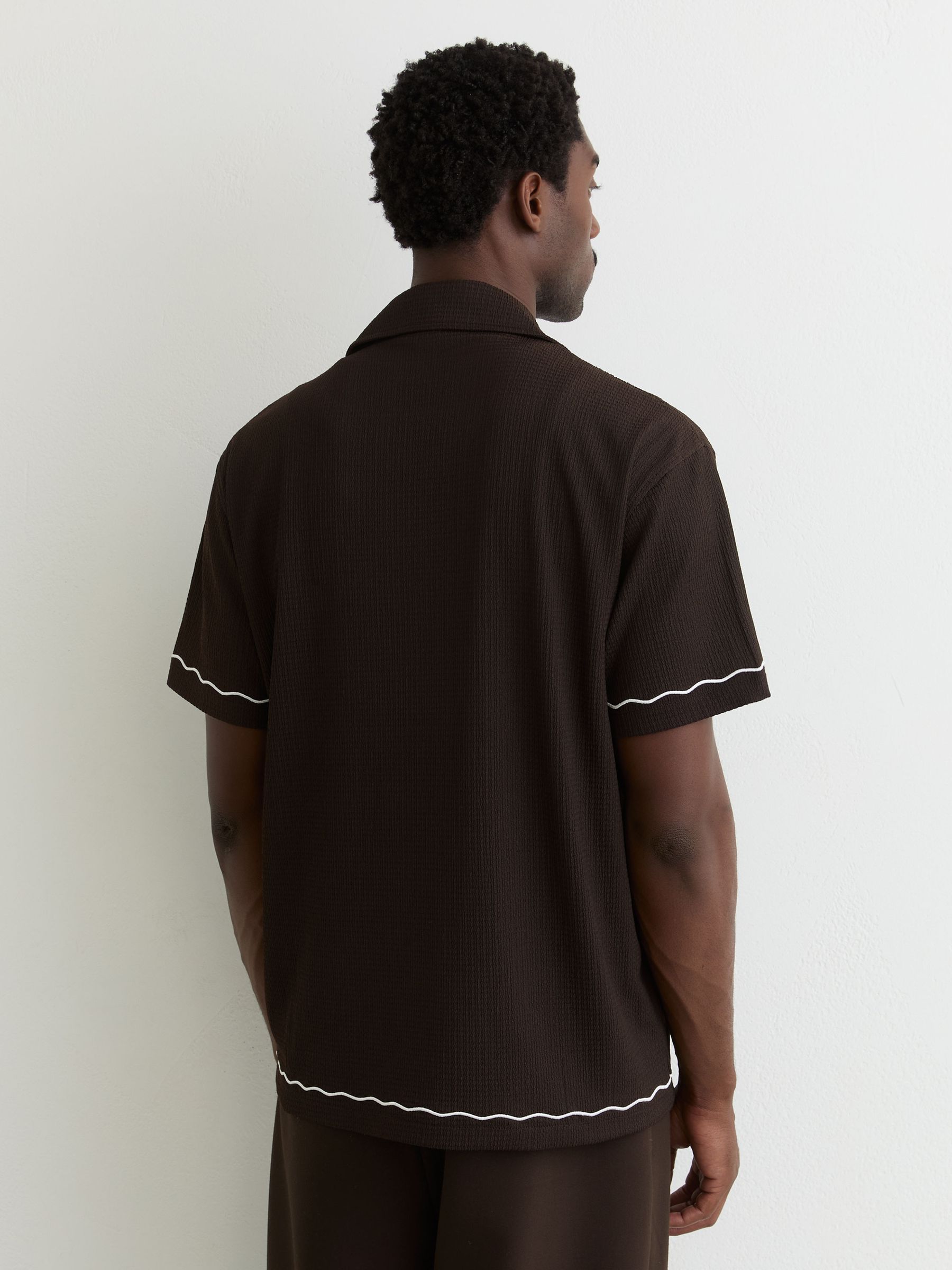 Textured Motif-Print Cuban-Collar Shirt in Dark Brown - image 3