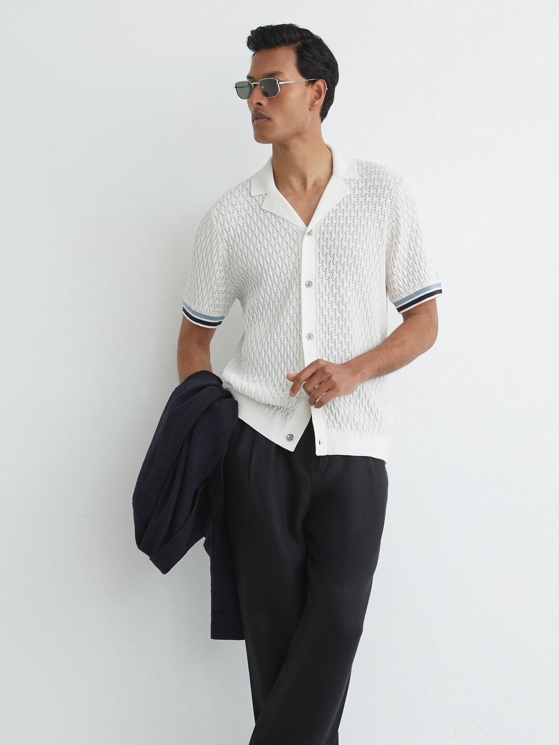 Cotton-Blend Geometric-Knit Tipped Shirt in White - image 2