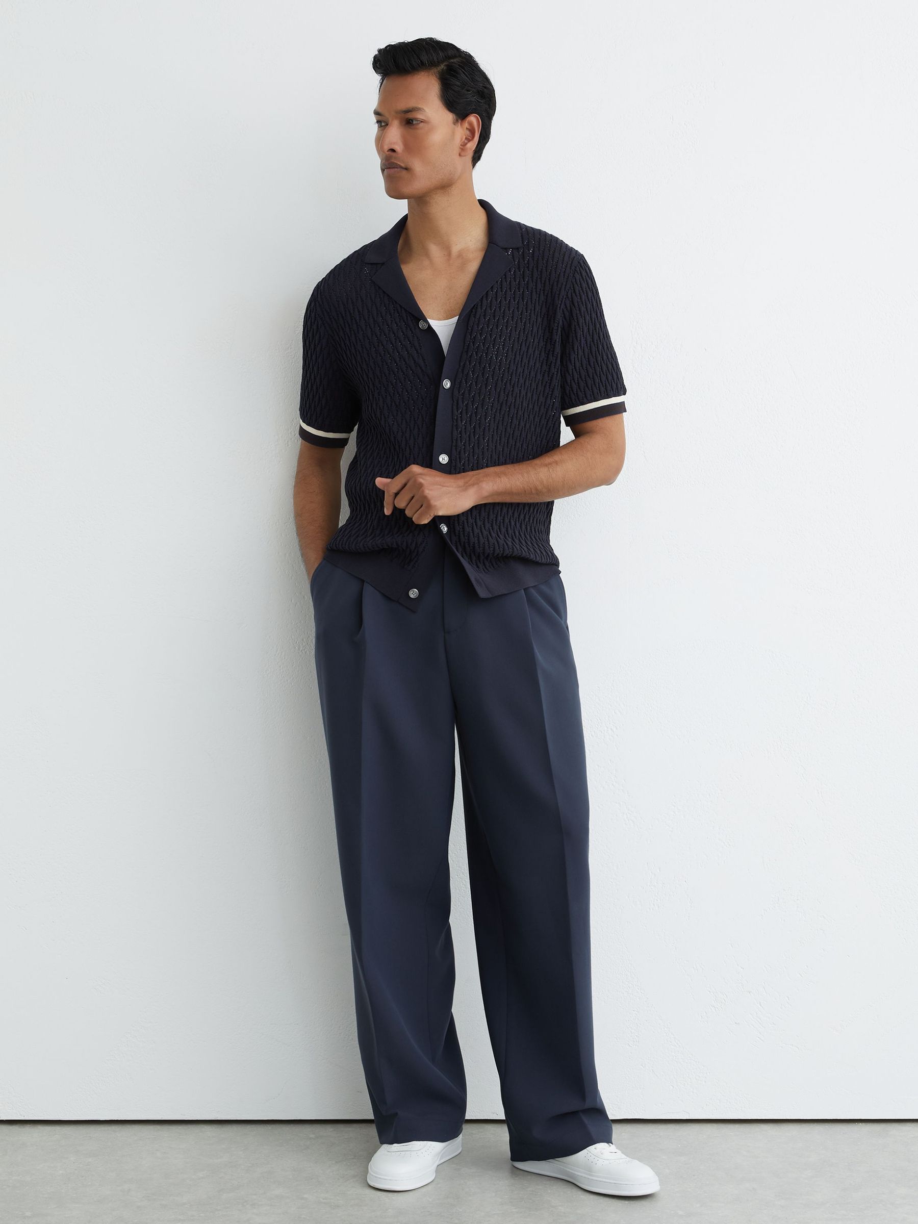 Cotton-Blend Geometric-Knit Tipped Shirt in Navy - image 2