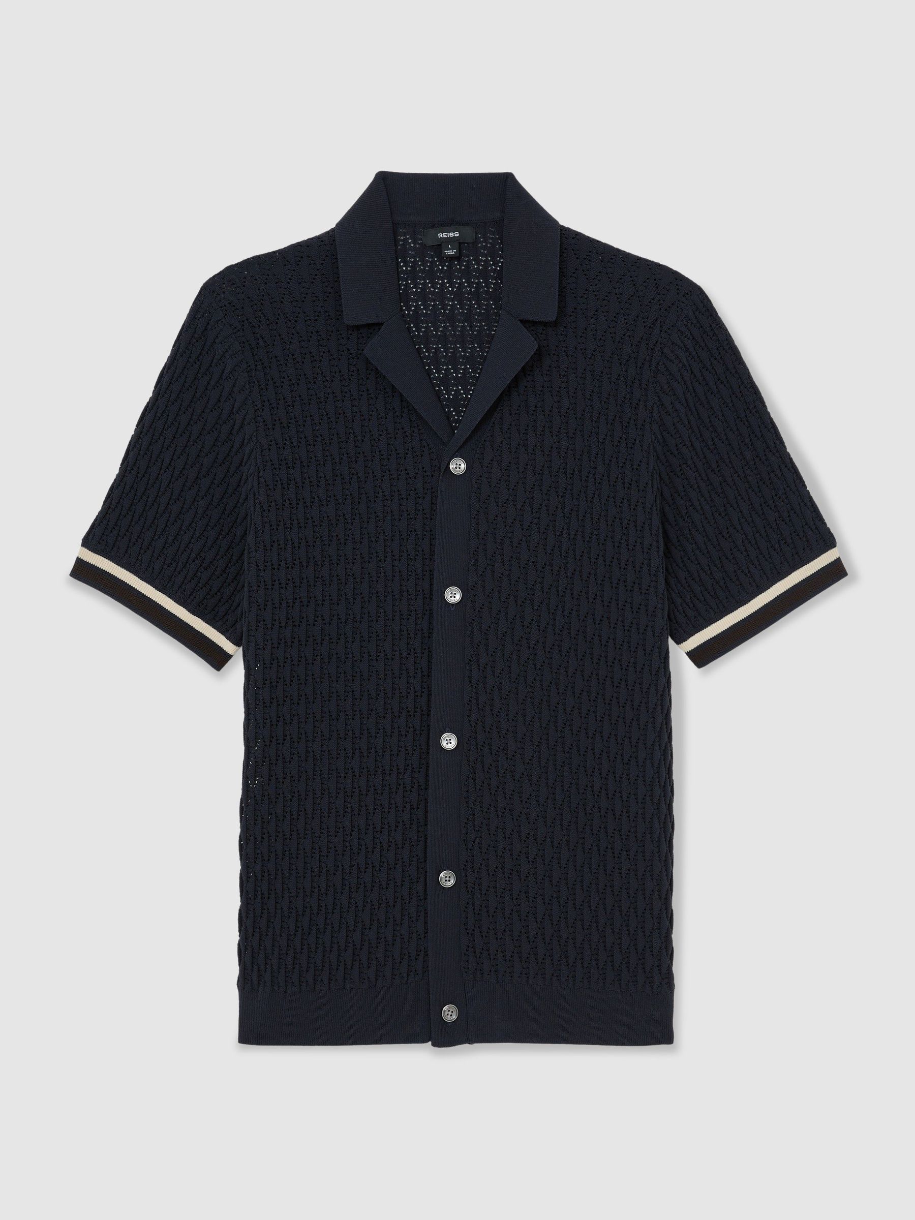 Cotton-Blend Geometric-Knit Tipped Shirt in Navy - image 1