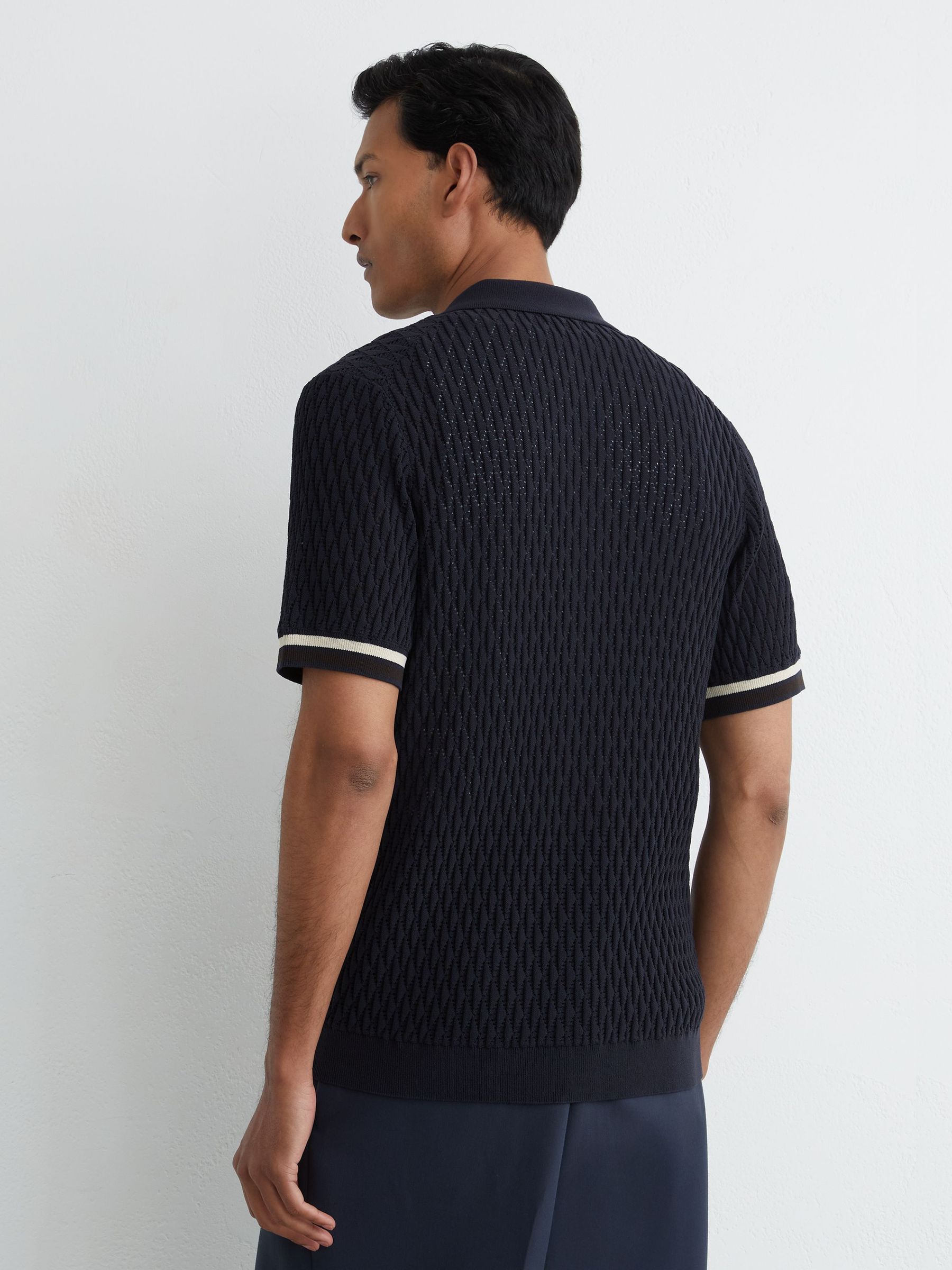 Cotton-Blend Geometric-Knit Tipped Shirt in Navy - image 5