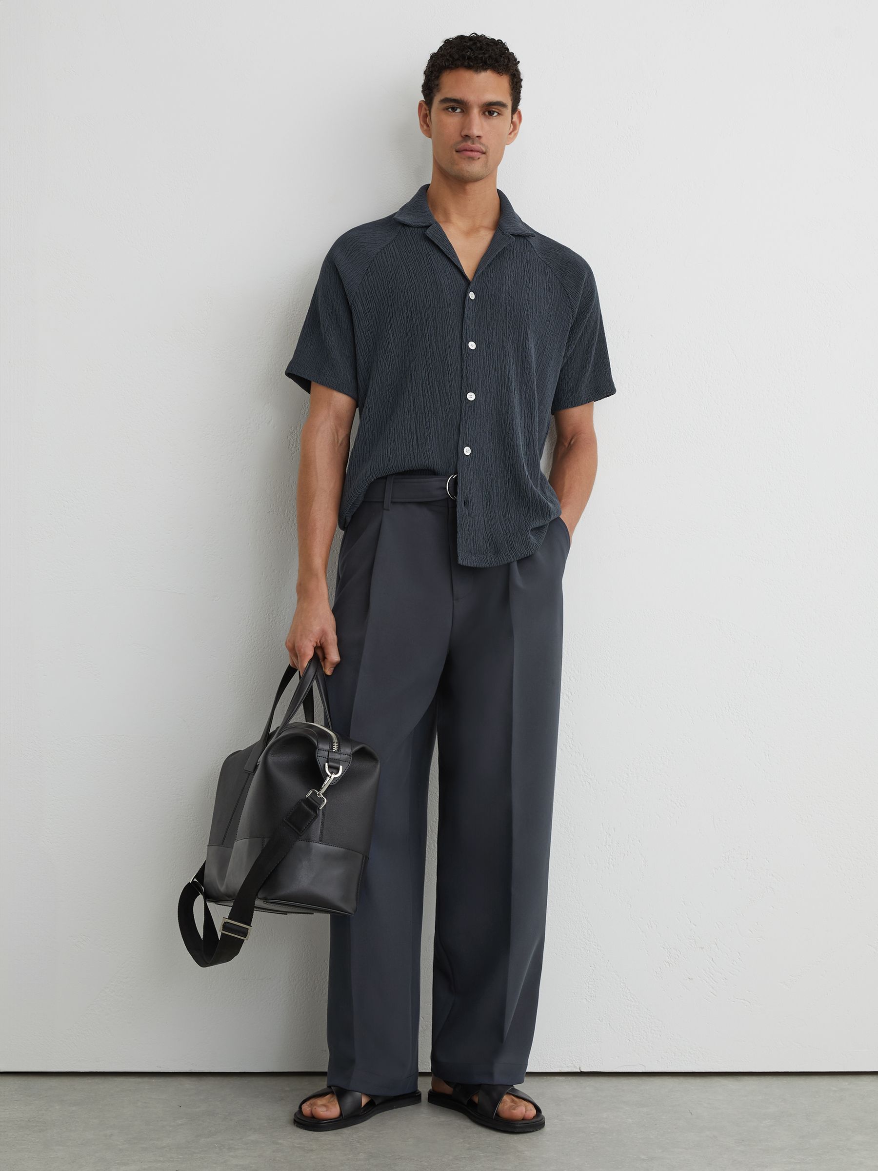 Textured Raglan Cuban-Collar Shirt in Airforce Blue - Image 1 of 7