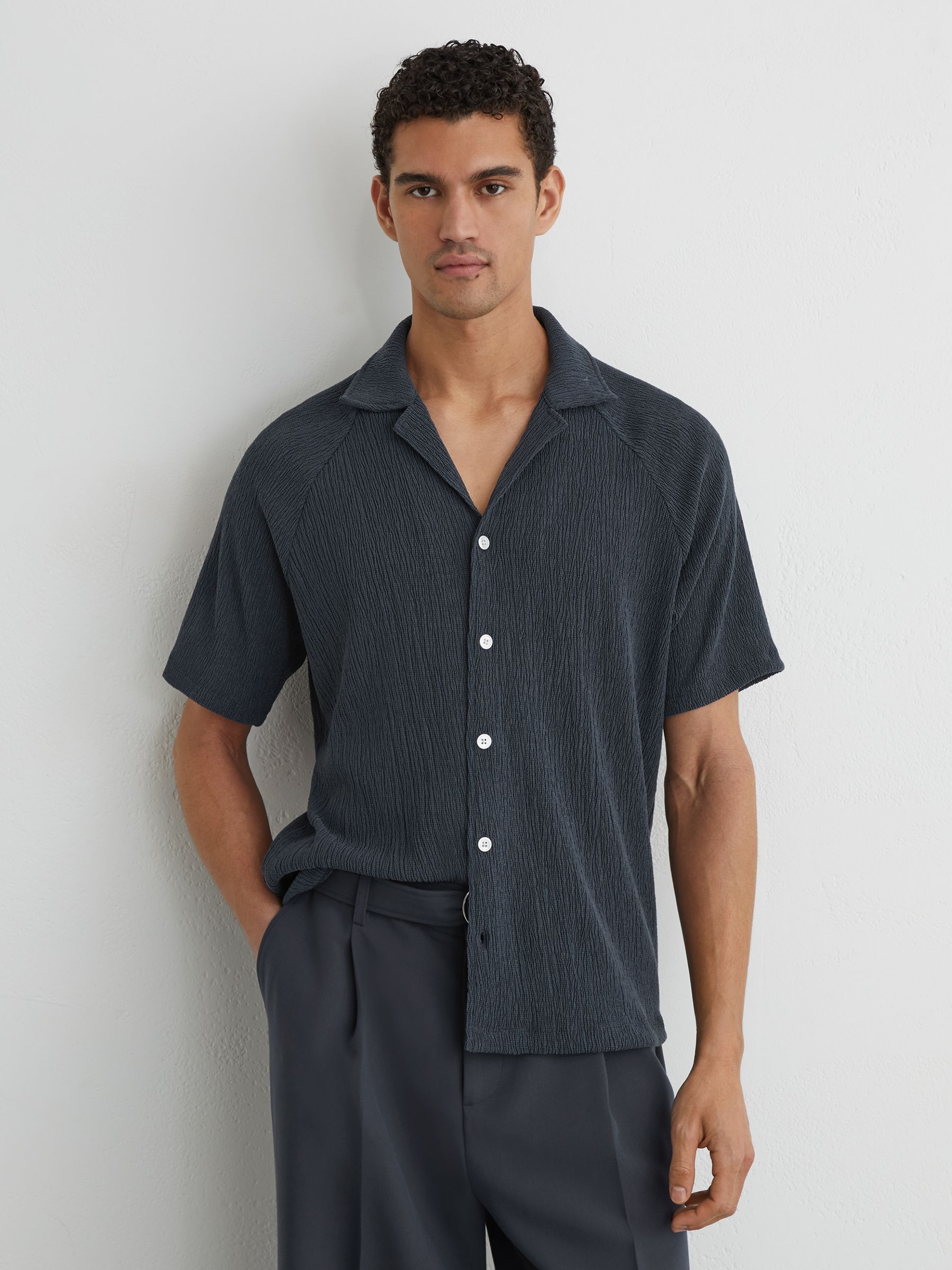 Textured Raglan Cuban-Collar Shirt in Airforce Blue - Image 3 of 7