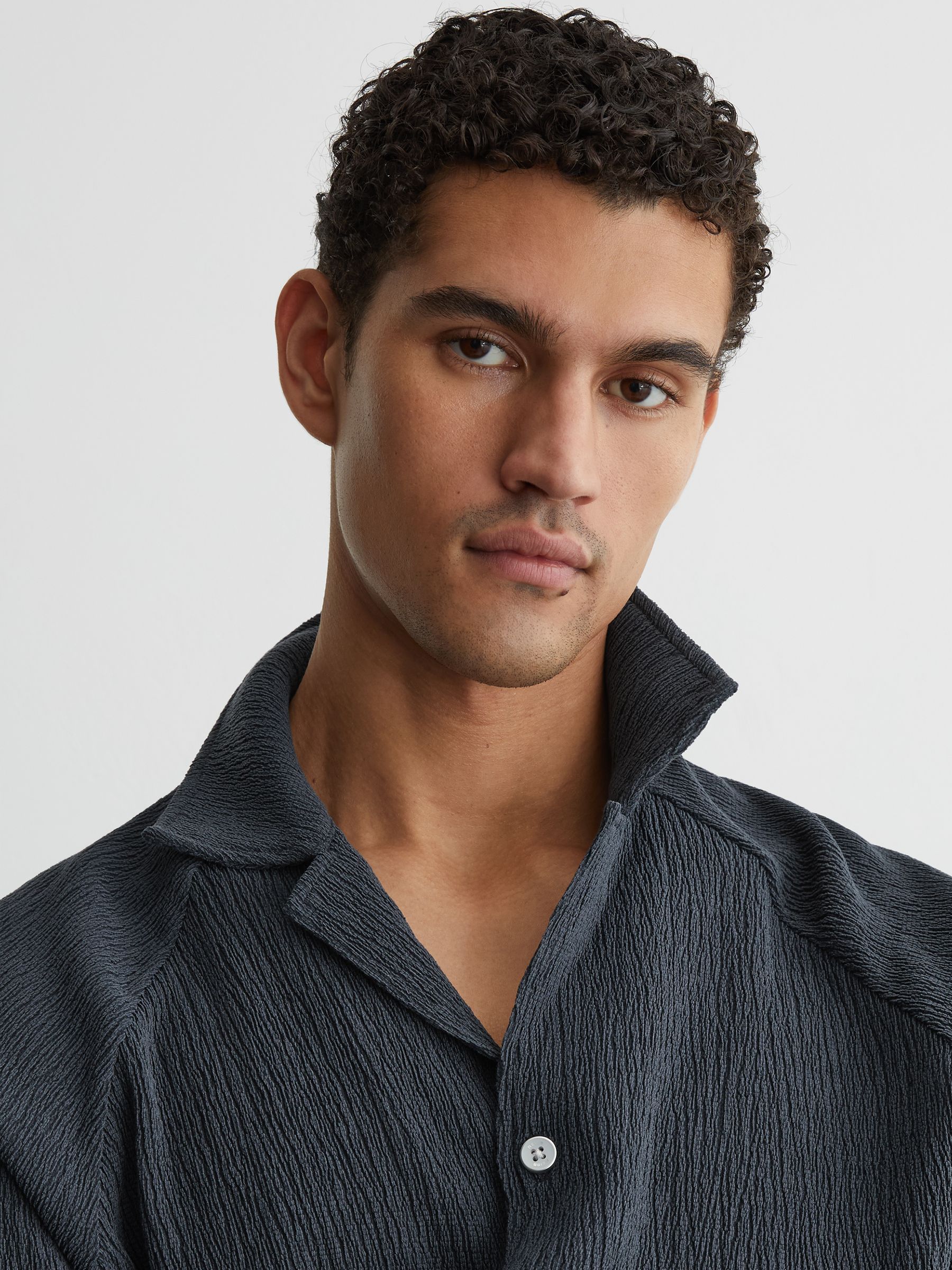 Textured Raglan Cuban-Collar Shirt in Airforce Blue - Image 4 of 7