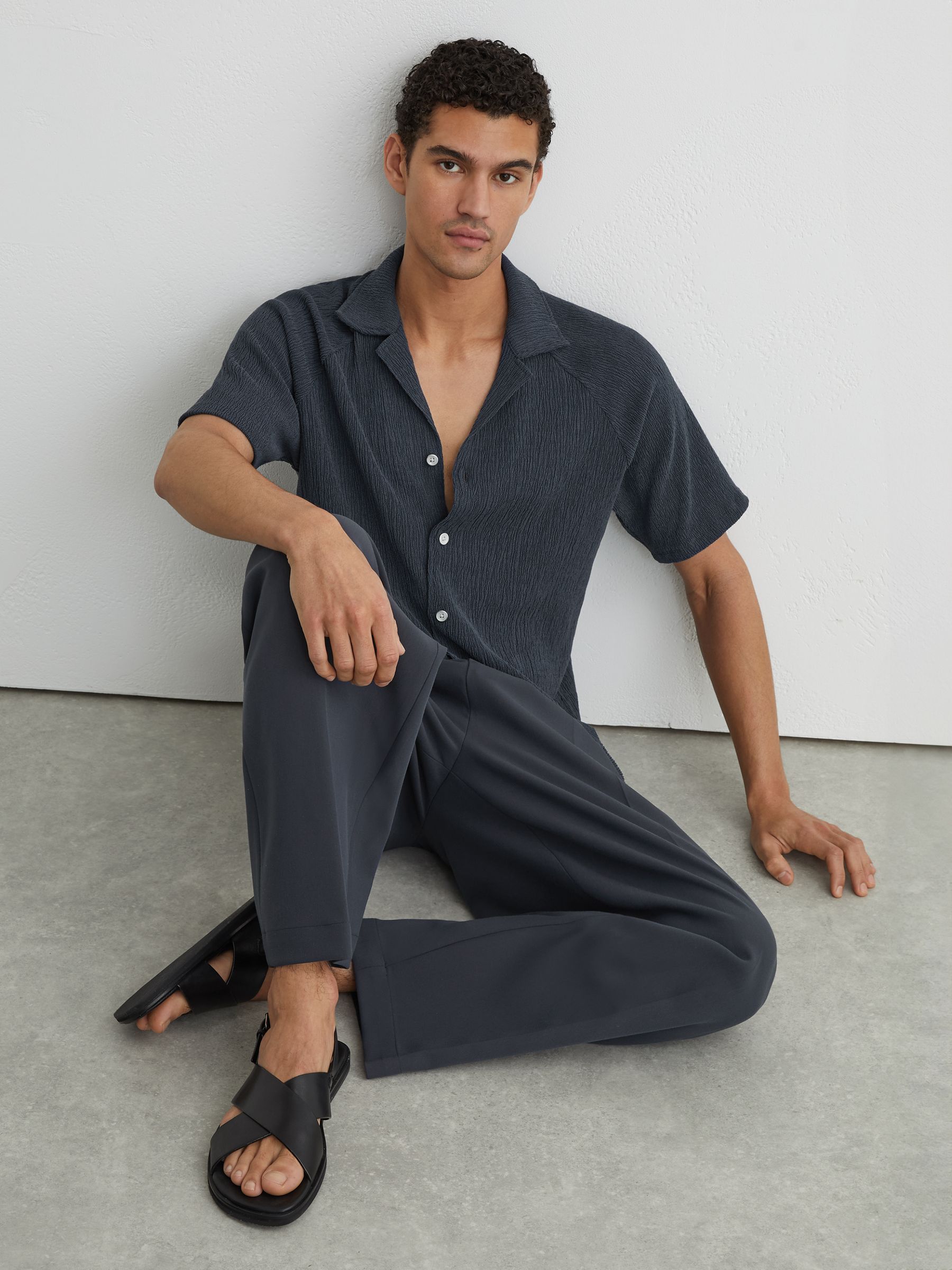 Textured Raglan Cuban-Collar Shirt in Airforce Blue - Image 6 of 7