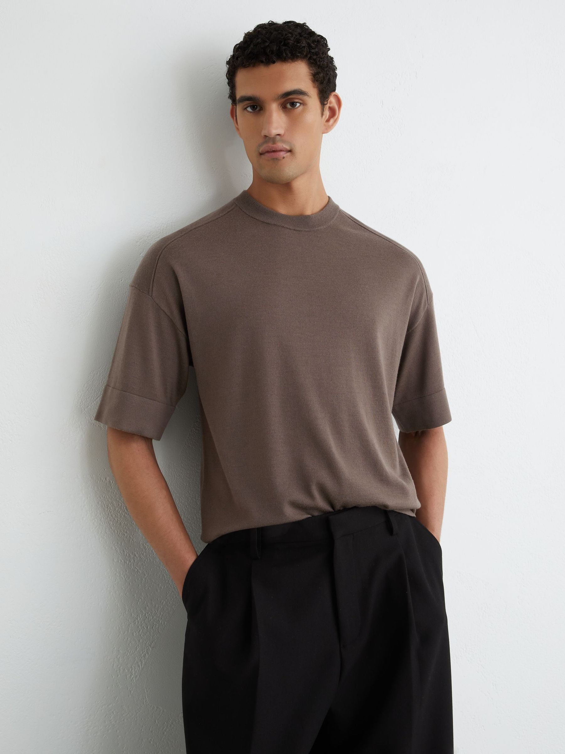 Merino Wool Relaxed Knit T-Shirt in Ridge Brown - Image 1 of 6