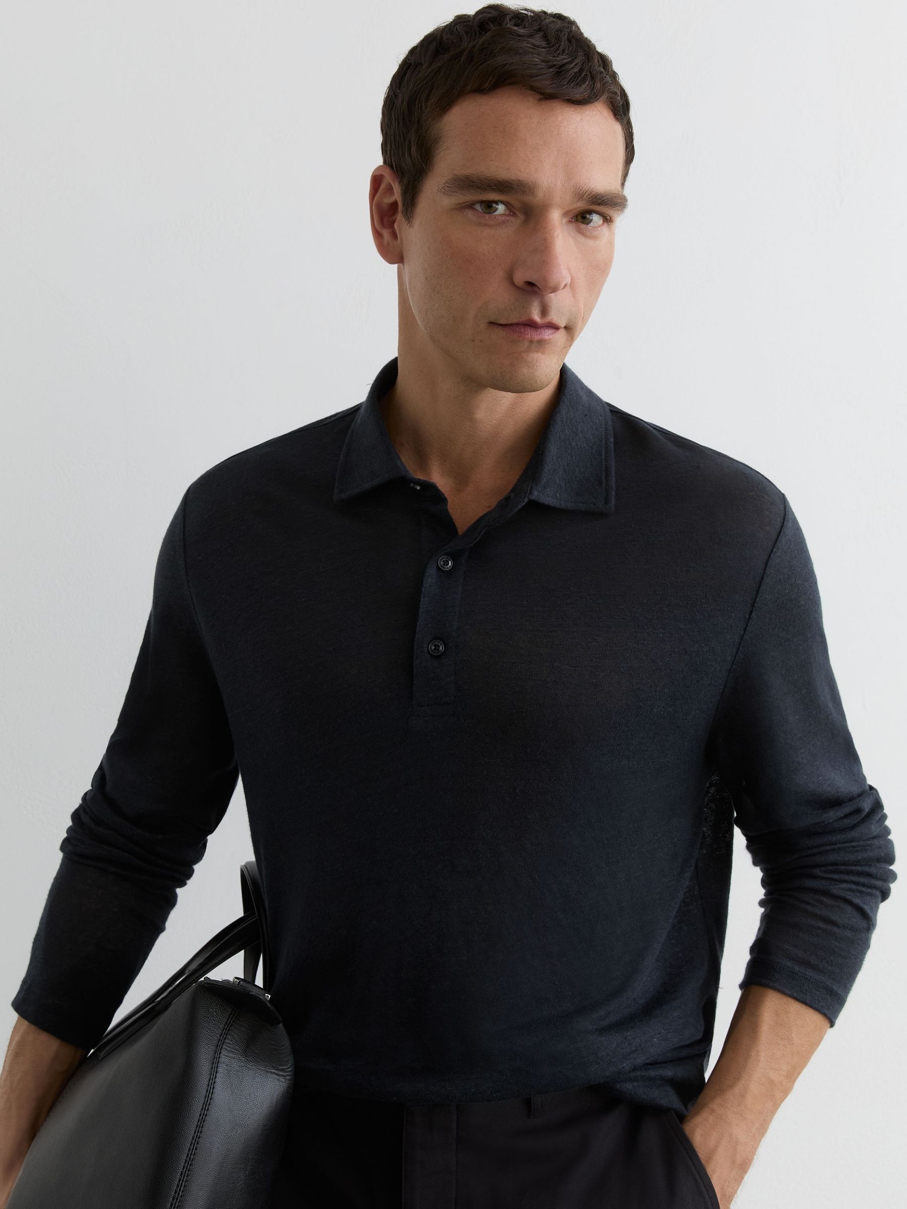 Linen Long-Sleeve Knitted Polo Shirt in Navy - Image 1 of 6