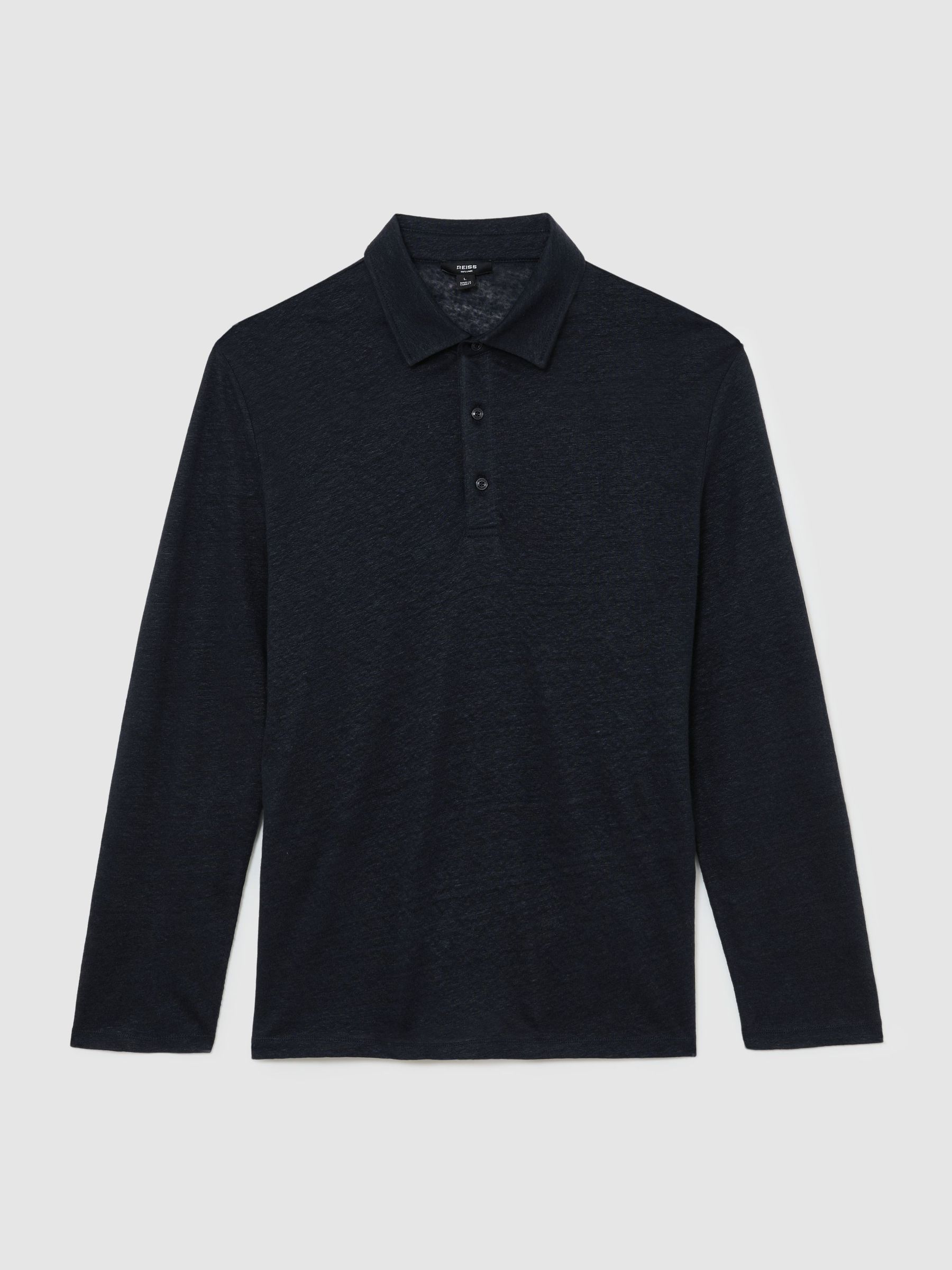 Linen Long-Sleeve Knitted Polo Shirt in Navy - Image 2 of 6
