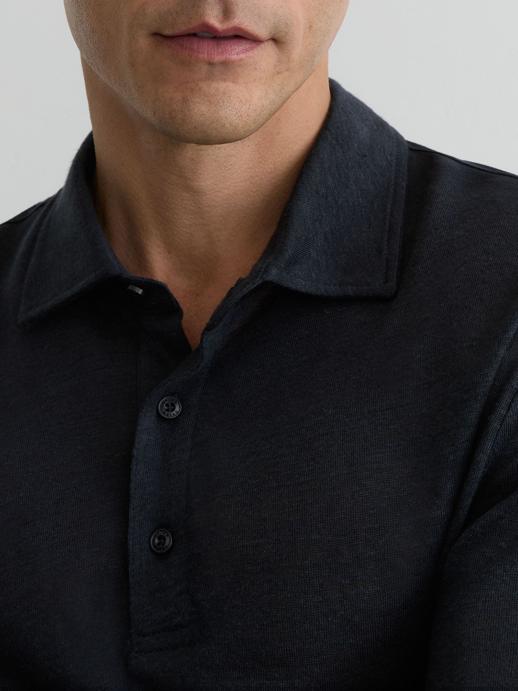 Linen Long-Sleeve Knitted Polo Shirt in Navy - Image 4 of 6