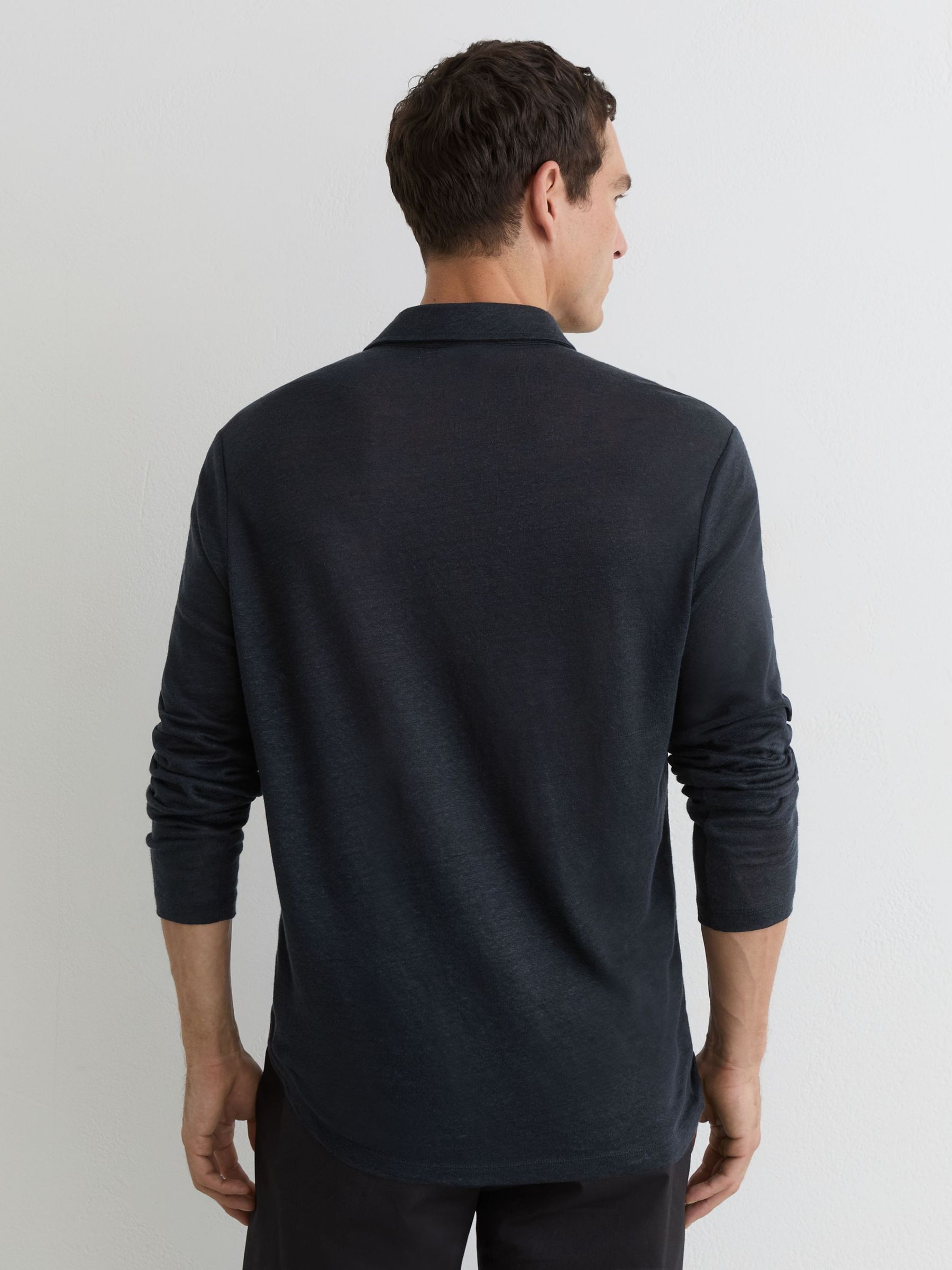 Linen Long-Sleeve Knitted Polo Shirt in Navy - Image 5 of 6