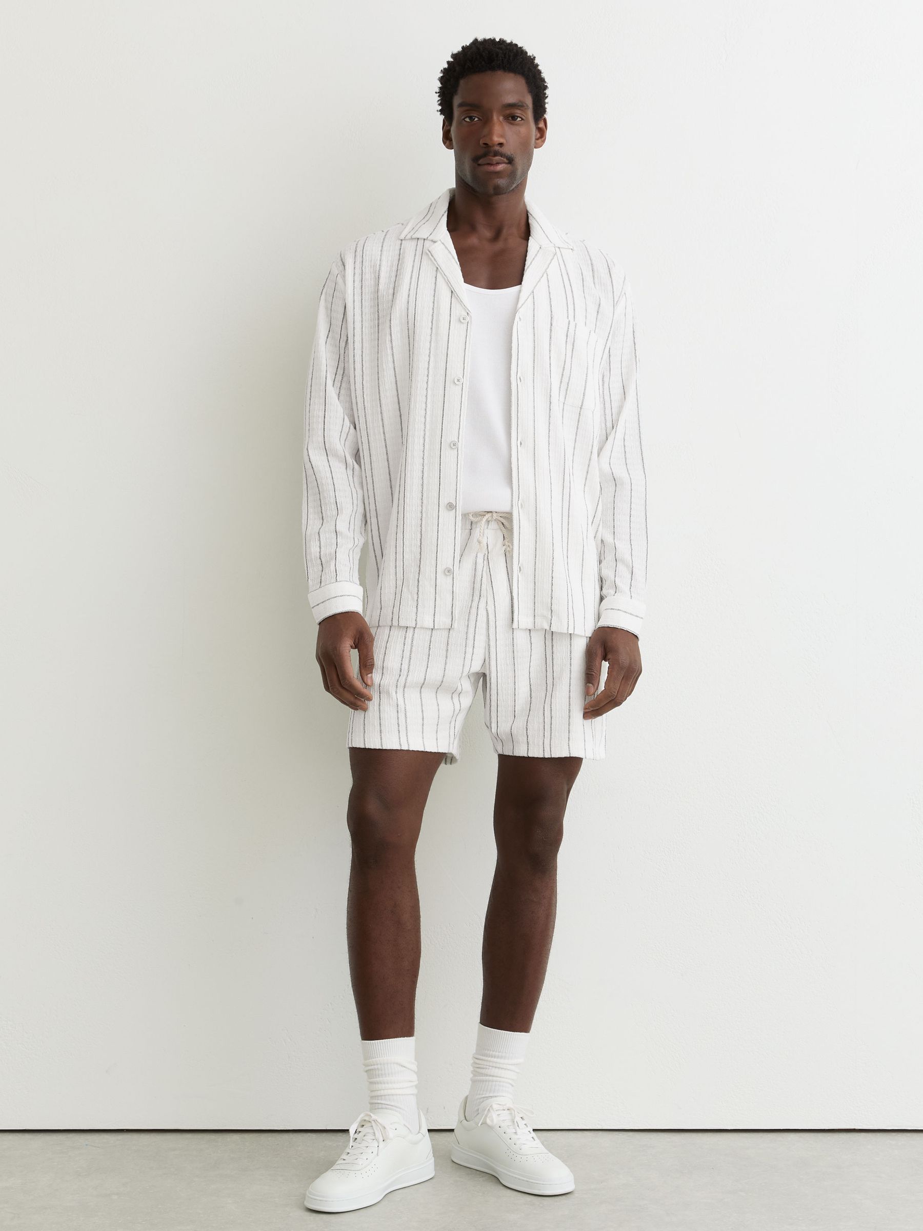 Textured Stripe Drawstring Shorts in White - Image 1 of 6
