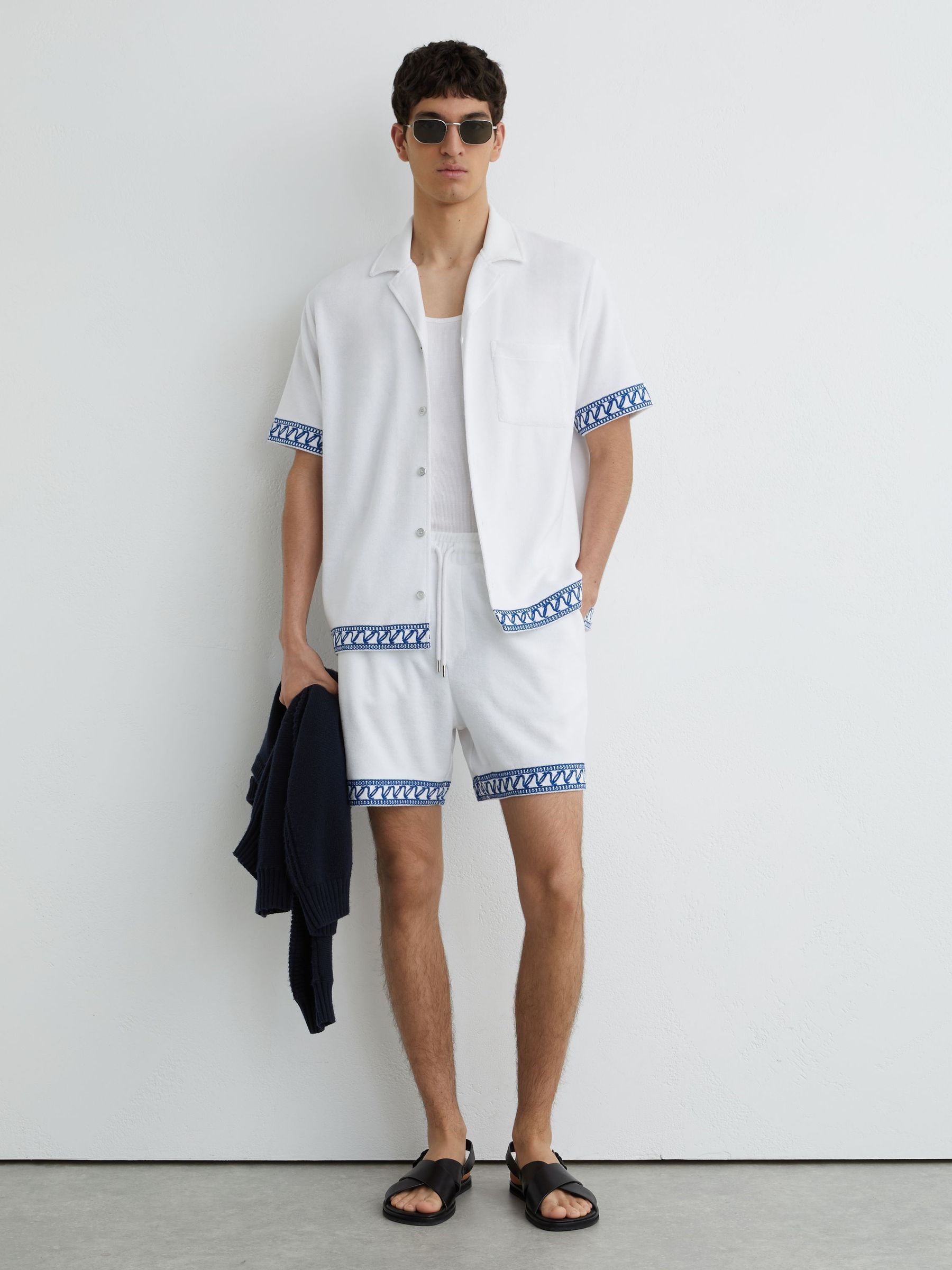Cotton-Blend Towelling Embroidered Shorts in White - image 2