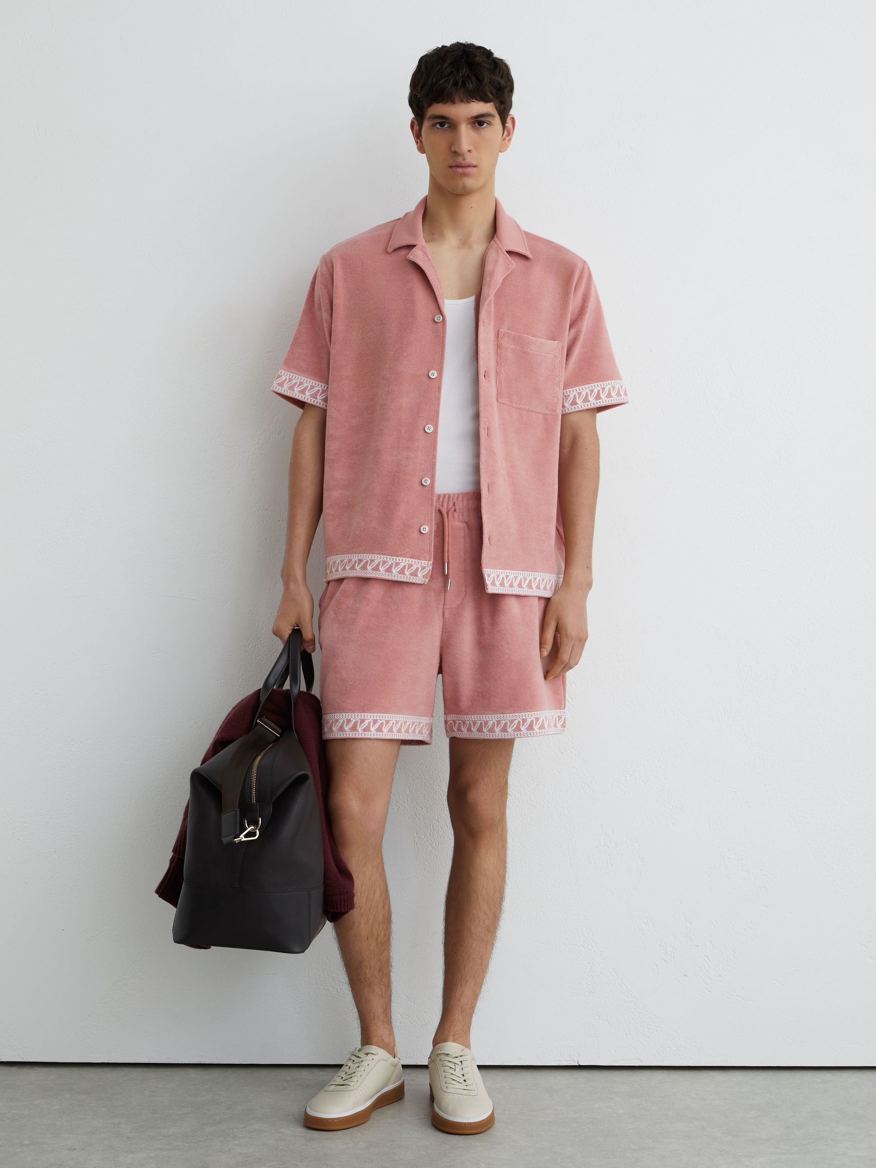 Cotton-Blend Towelling Embroidered Shorts in Soft Pink - image 2
