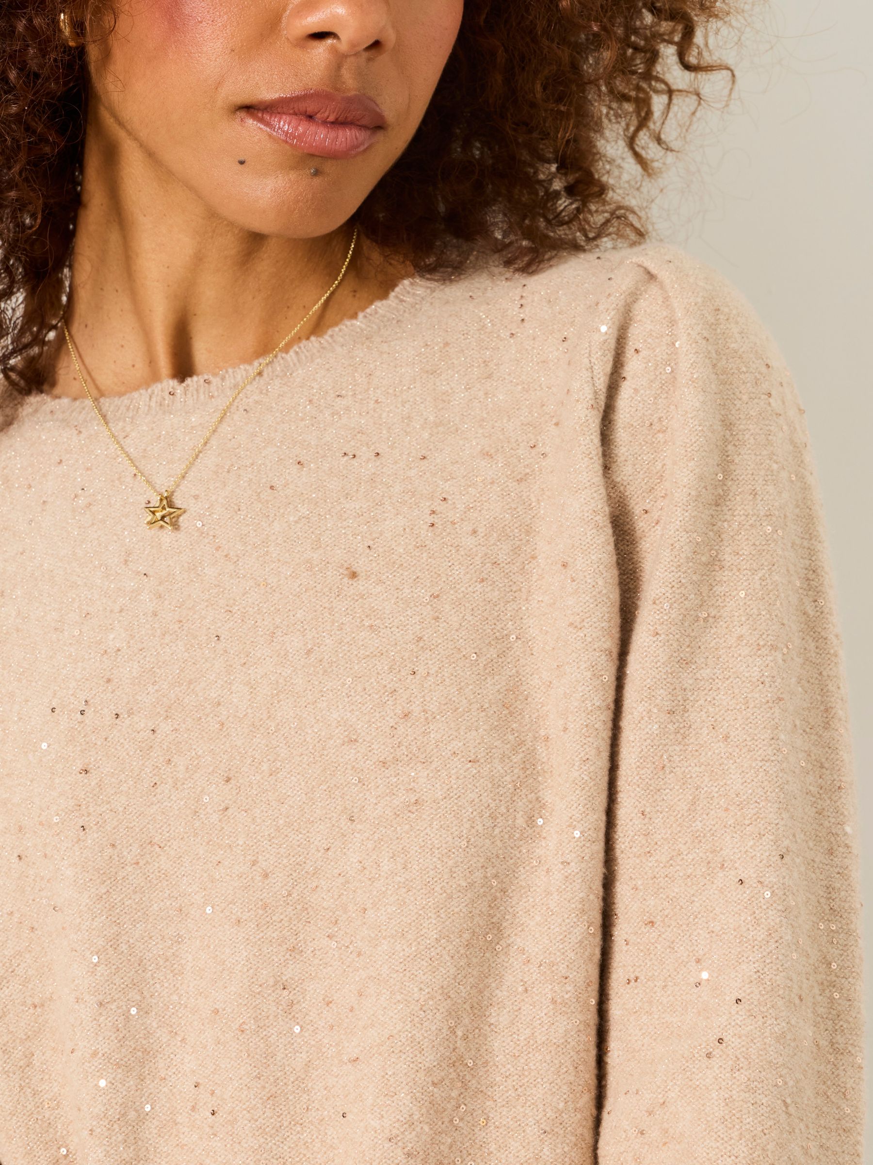 Skylar Natural Knitted Sequin Sparkle Frill Cuff Jumper - Image 3 of 5
