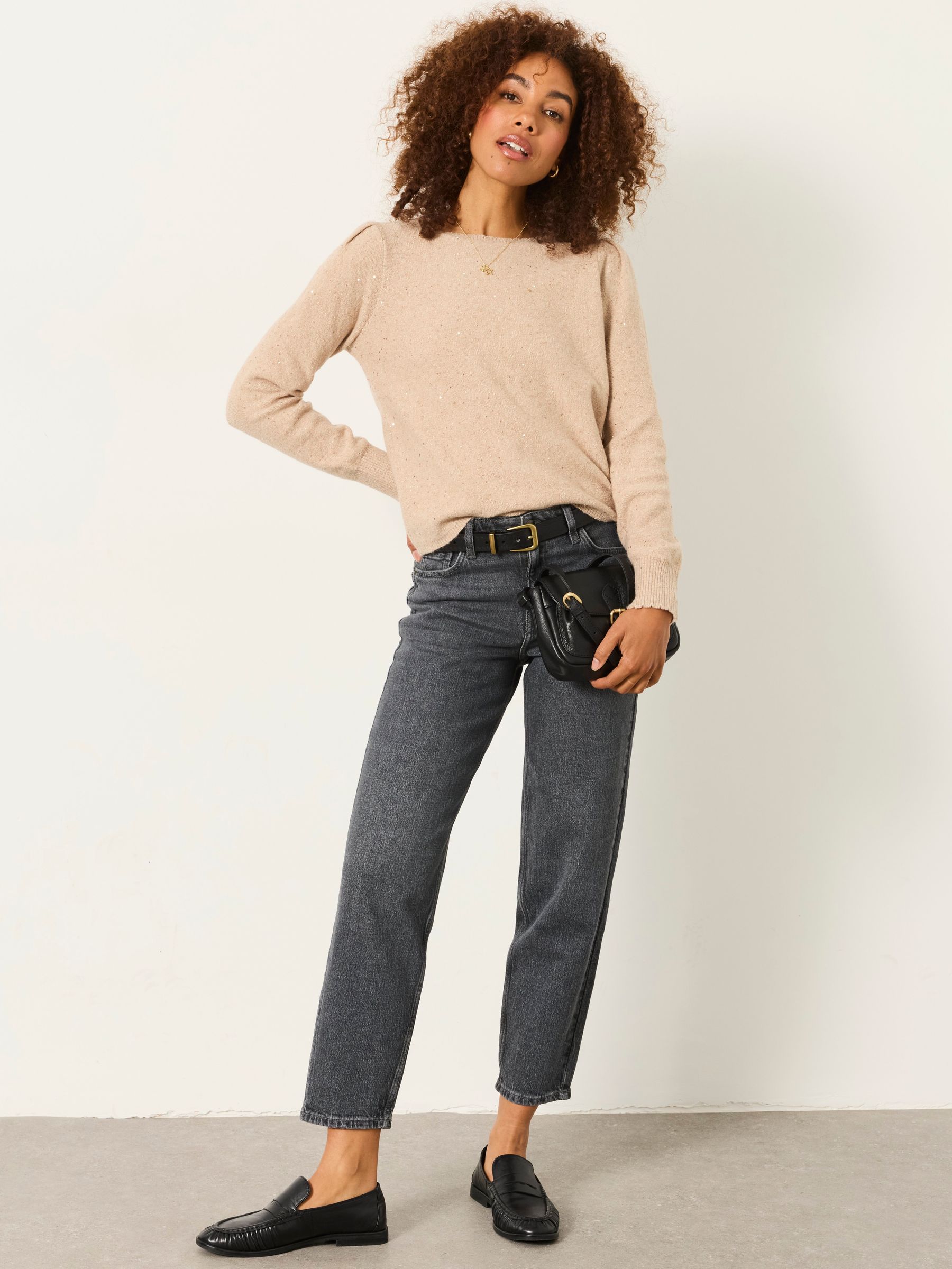 Skylar Natural Knitted Sequin Sparkle Frill Cuff Jumper - Image 4 of 5