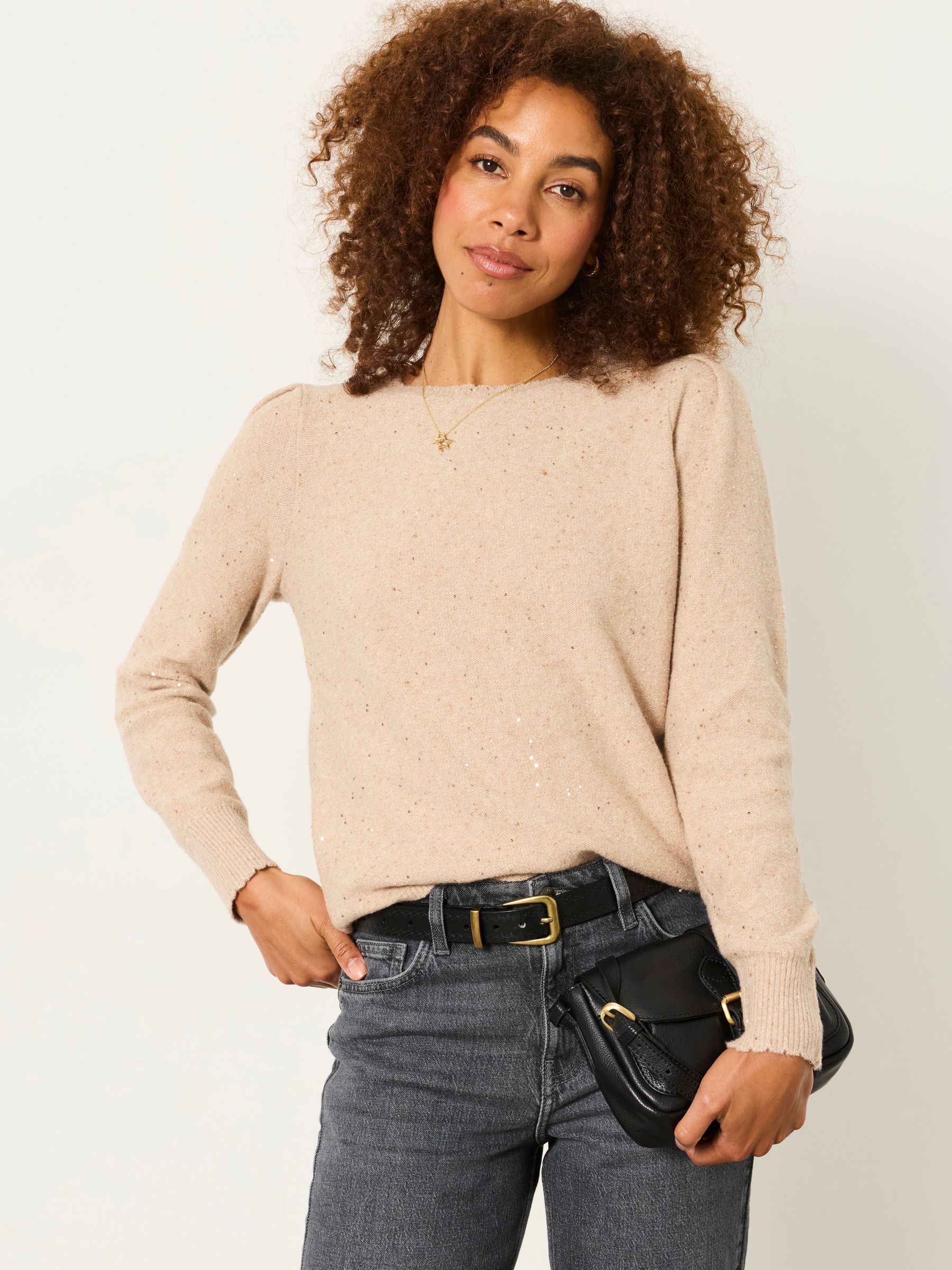 Skylar Natural Knitted Sequin Sparkle Frill Cuff Jumper - Image 5 of 5 Skylar Natural Knitted Sequin Sparkle Frill Cuff Jumper - Image 5 of 5