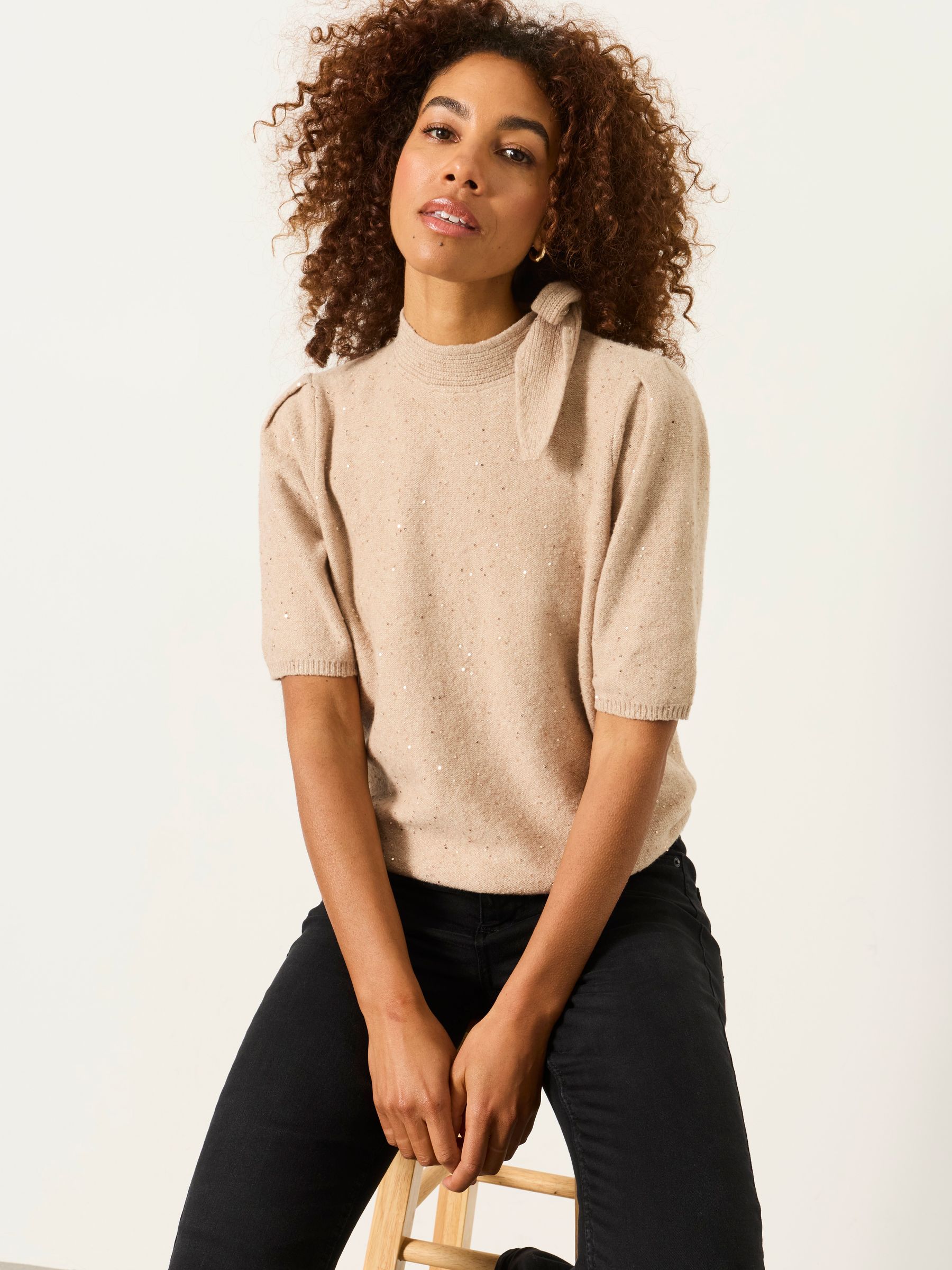 Skylar Natural Knitted Sequin Tie Neck Jumper - Image 1 of 6