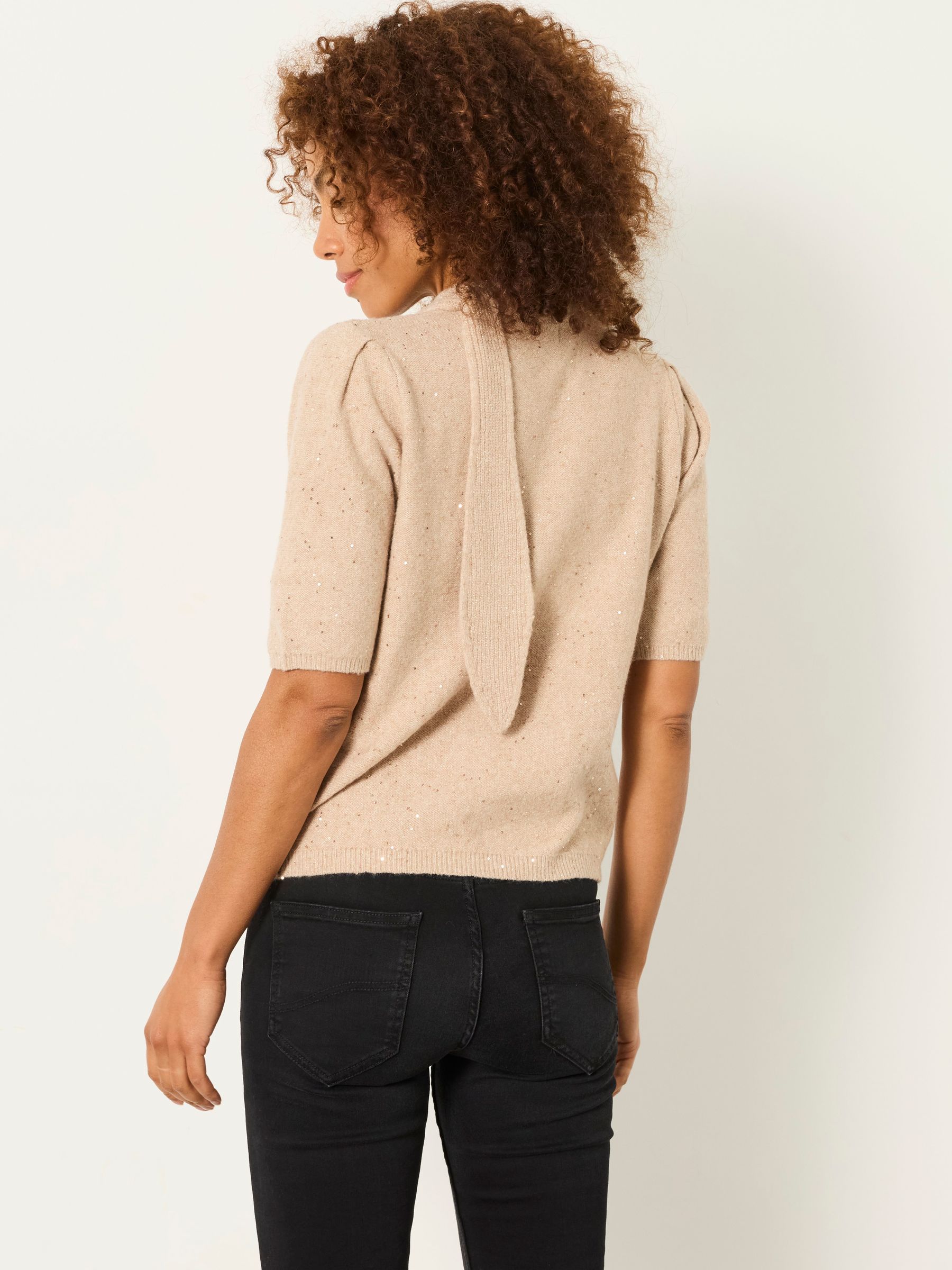 Skylar Natural Knitted Sequin Tie Neck Jumper - Image 2 of 6