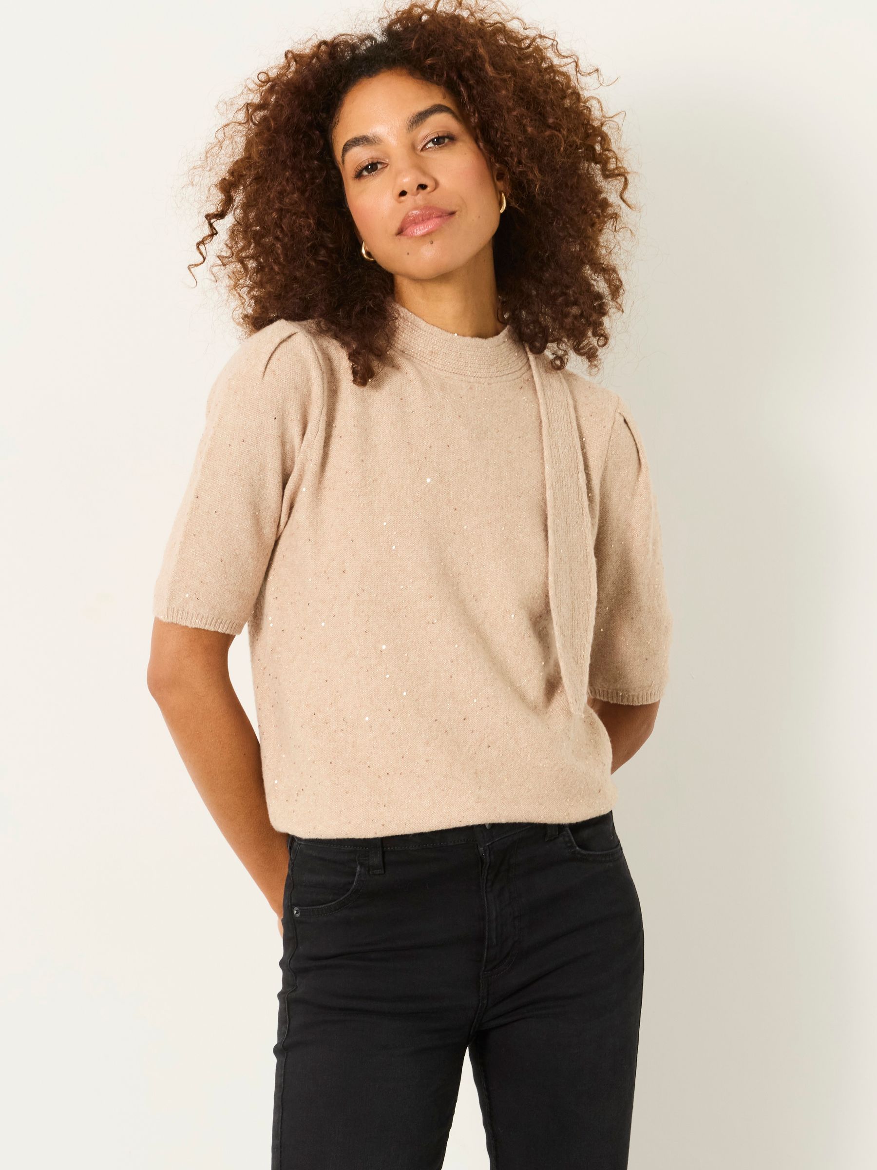 Skylar Natural Knitted Sequin Tie Neck Jumper - Image 3 of 6