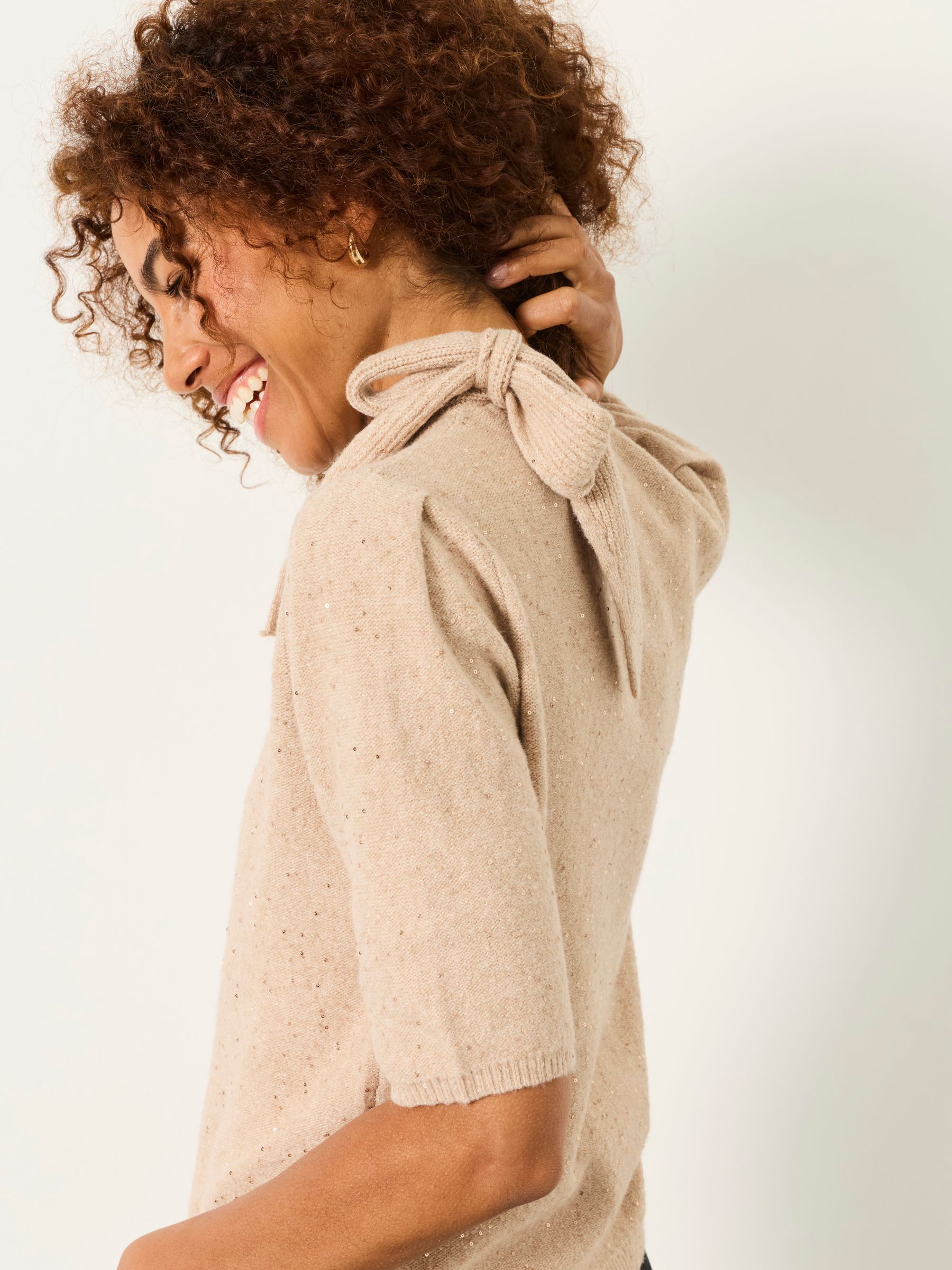 Skylar Natural Knitted Sequin Tie Neck Jumper - Image 5 of 6