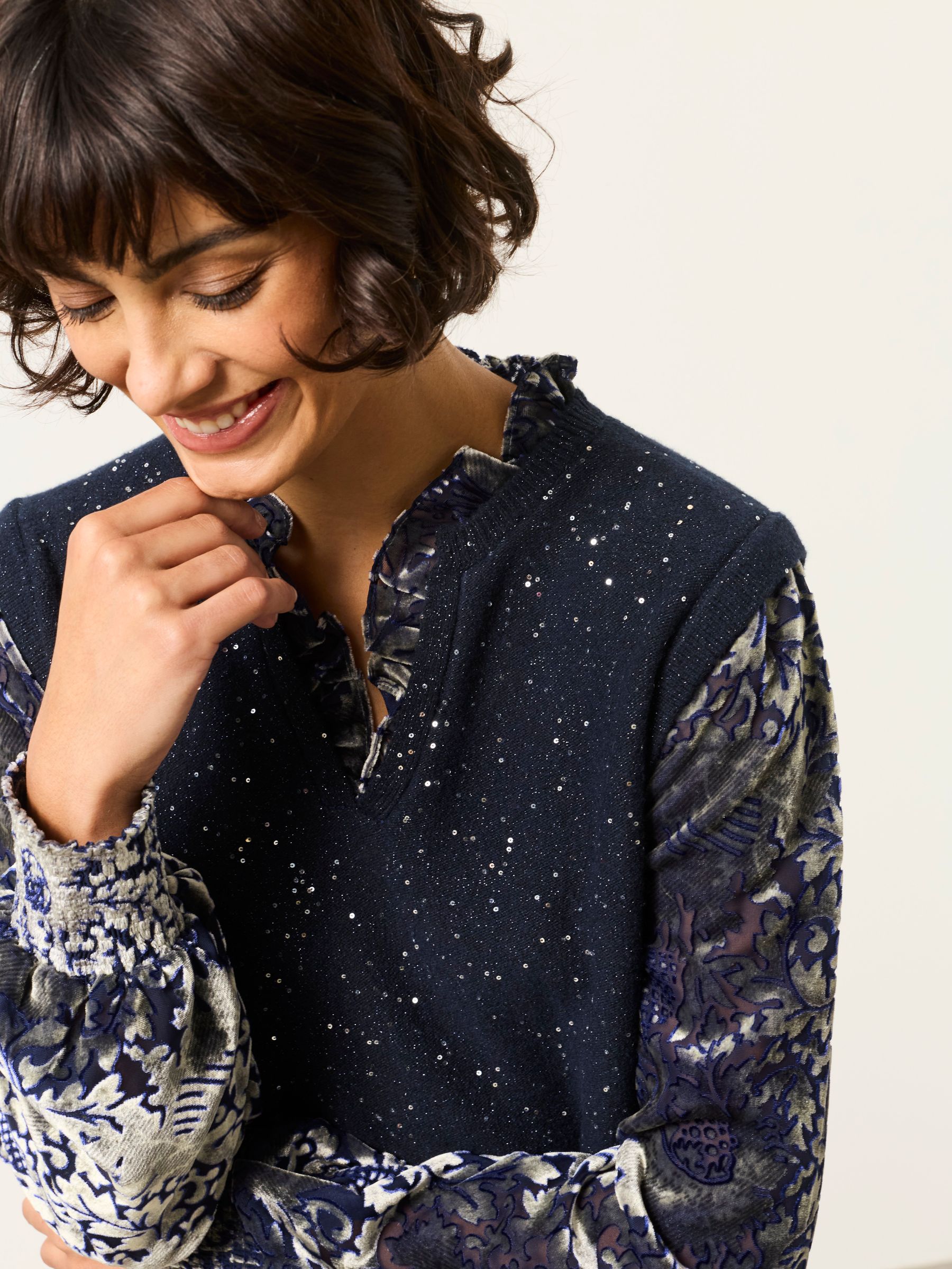 Gia Blue Sparkle Knitted Tank Devore Sleeve Blouse - Image 3 of 6