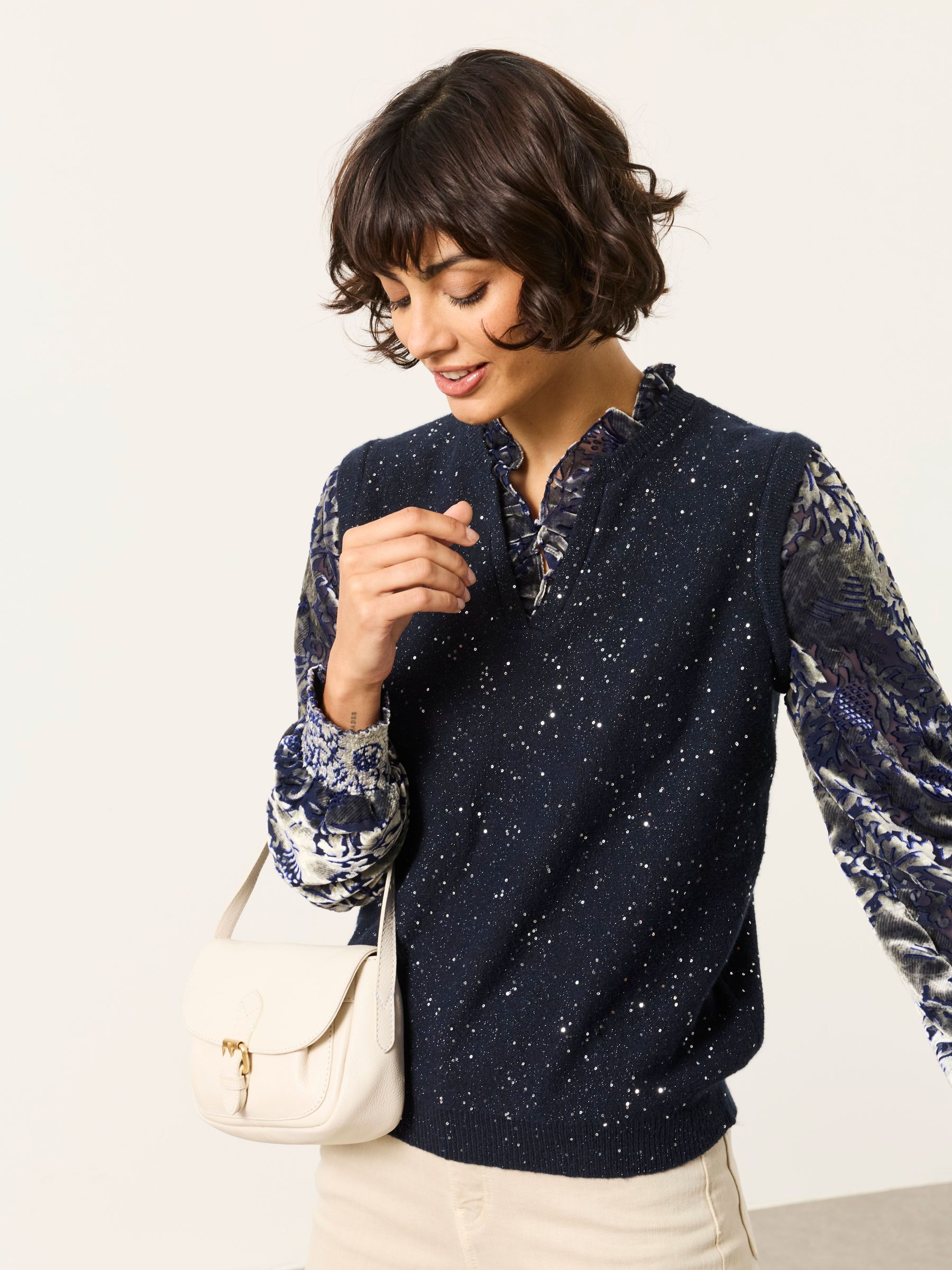 Gia Blue Sparkle Knitted Tank Devore Sleeve Blouse - Image 5 of 6
