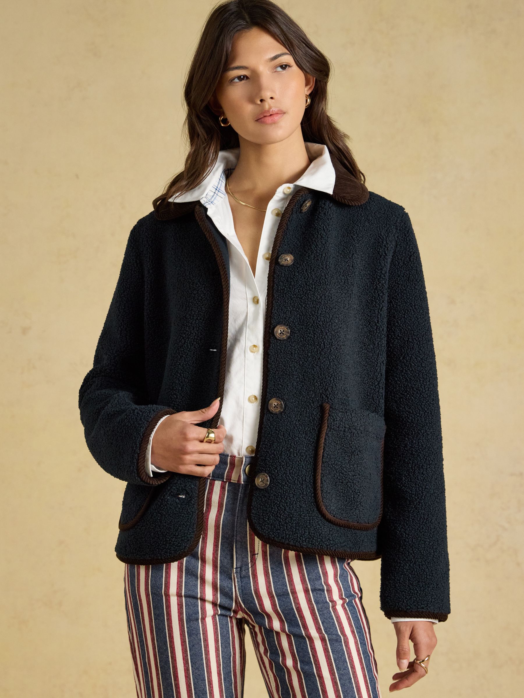 Sadie Navy Button Through Fleece Jacket - Image 1 of 7