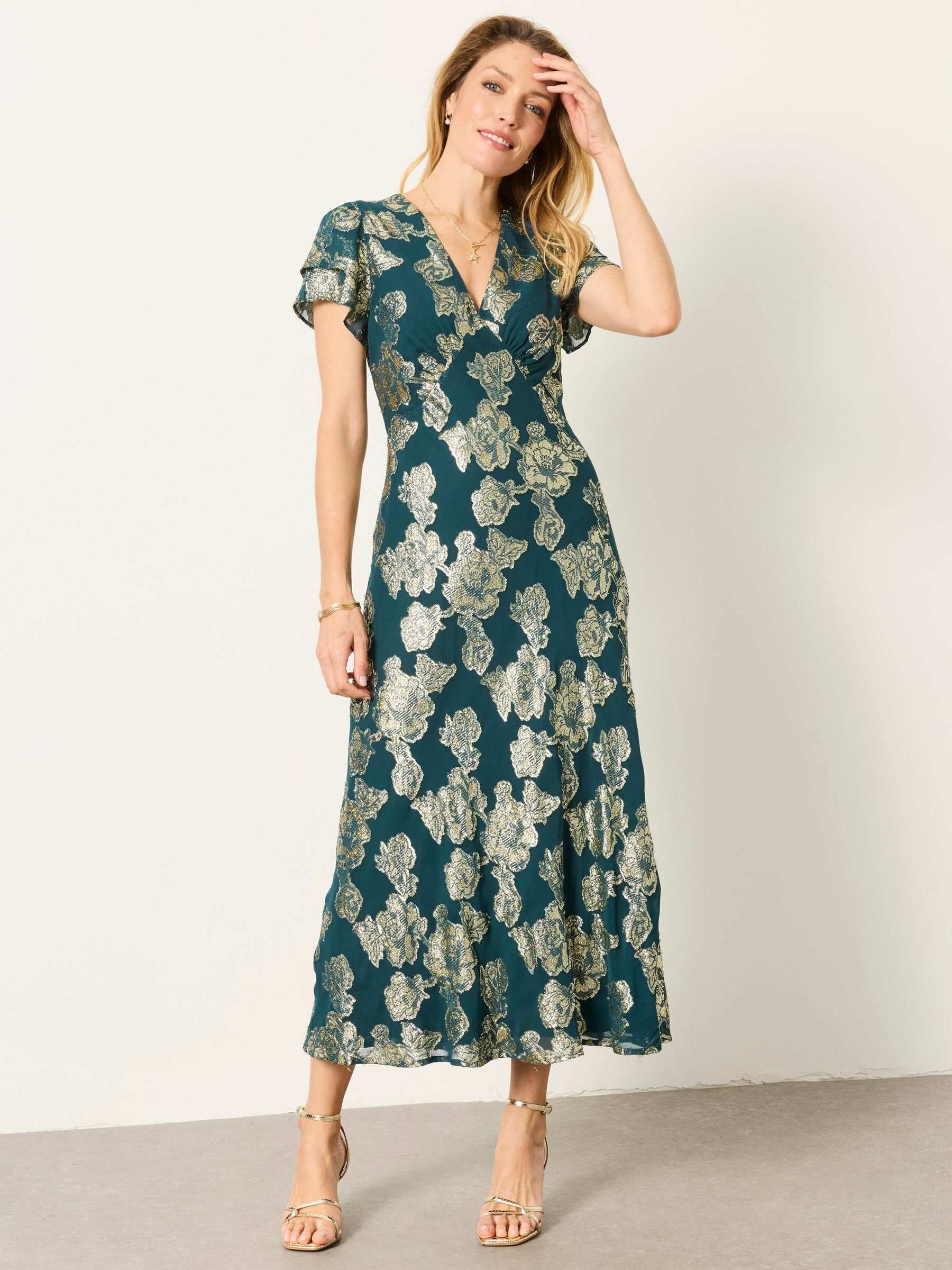 Kate Teal Blue Metallic Dress - Image 2 of 6 Kate Teal Blue Metallic Dress - Image 2 of 6