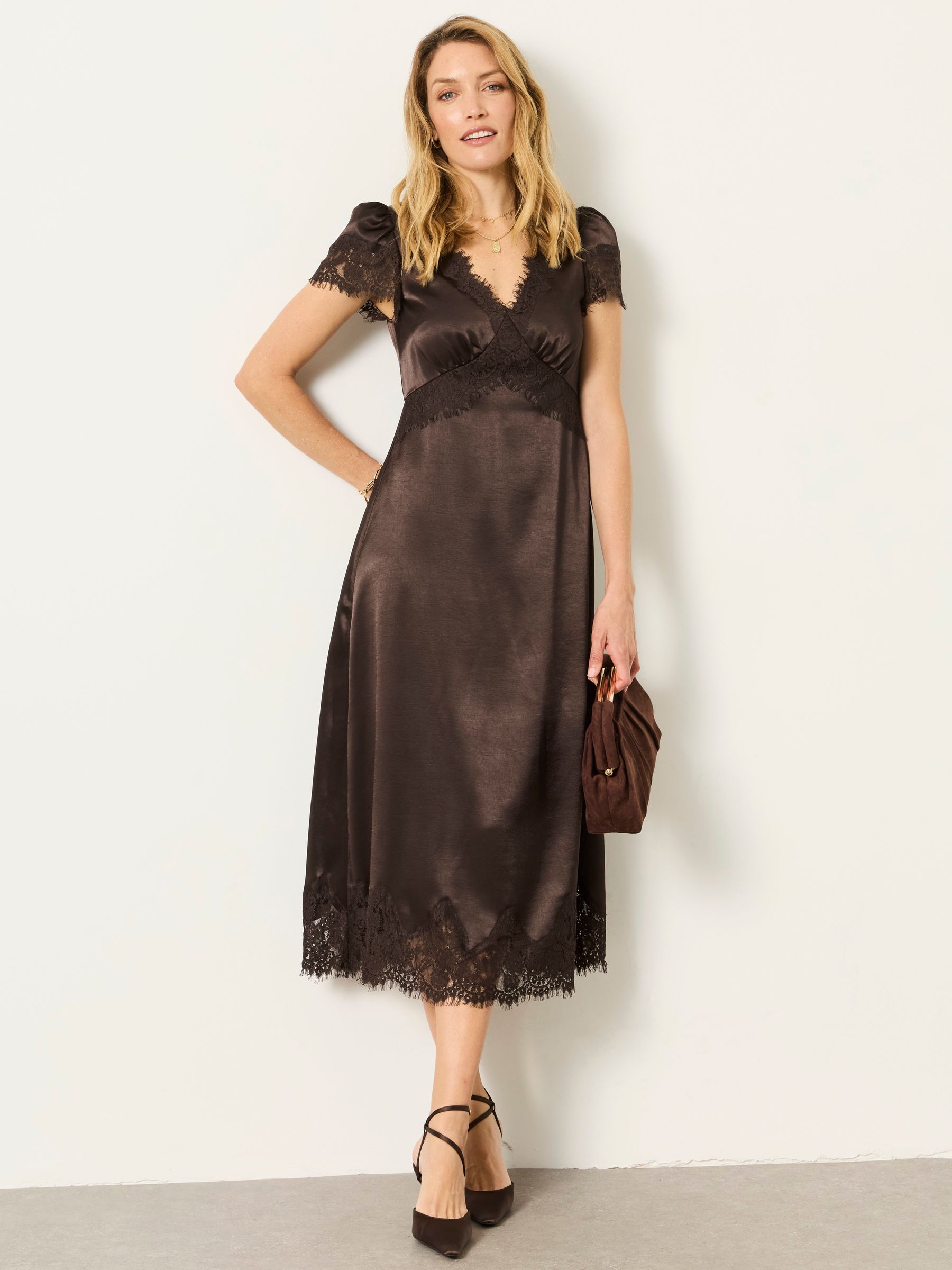 Astrid Chocolate Brown Lace Trim Midi Dress - Image 2 of 9 Astrid Chocolate Brown Lace Trim Midi Dress - Image 2 of 9