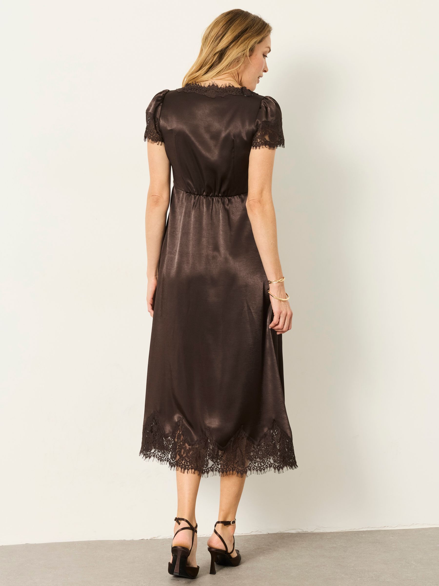 Astrid Chocolate Brown Lace Trim Midi Dress - Image 3 of 9