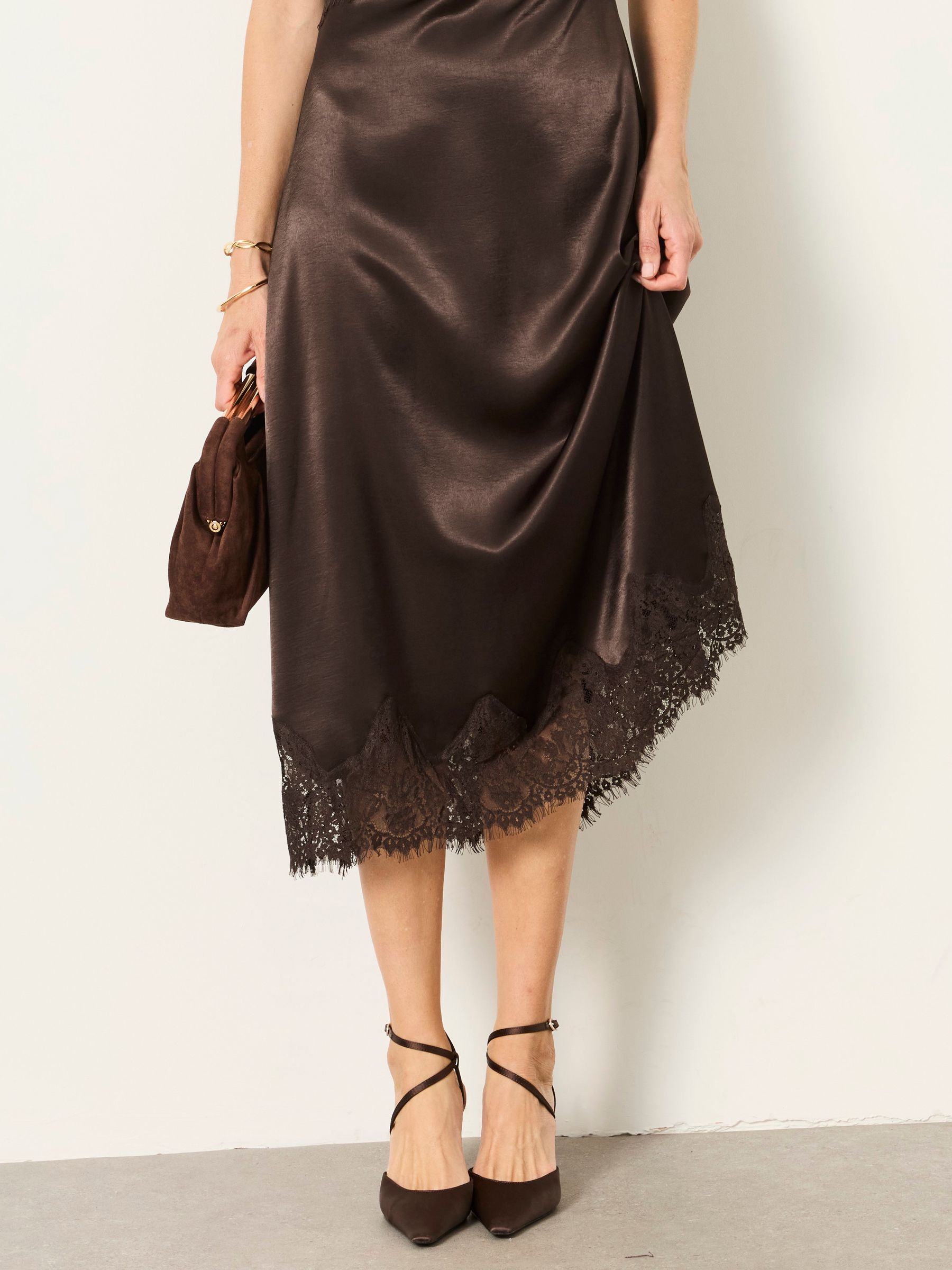 Astrid Chocolate Brown Lace Trim Midi Dress - Image 4 of 9
