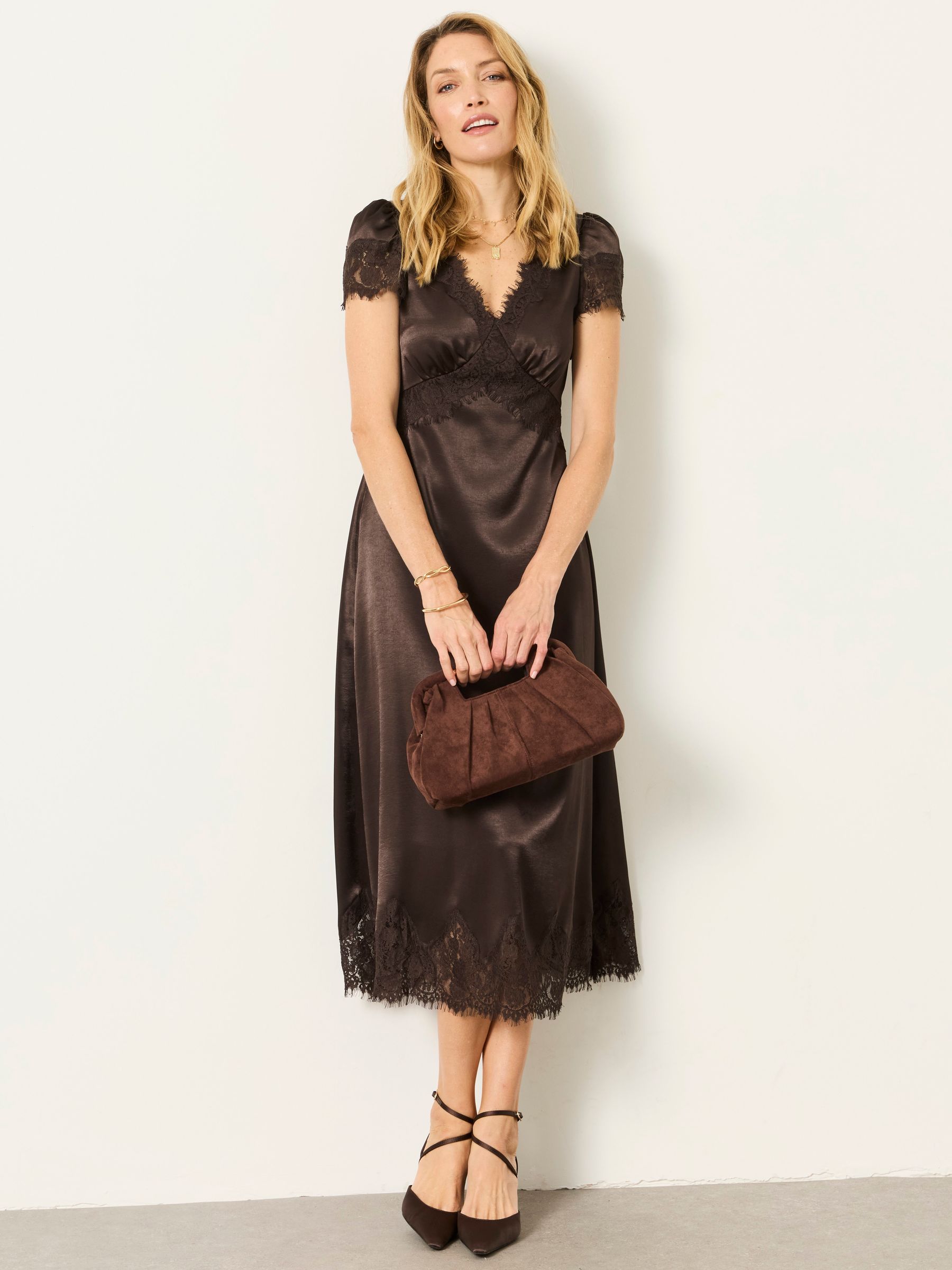 Astrid Chocolate Brown Lace Trim Midi Dress - Image 5 of 9