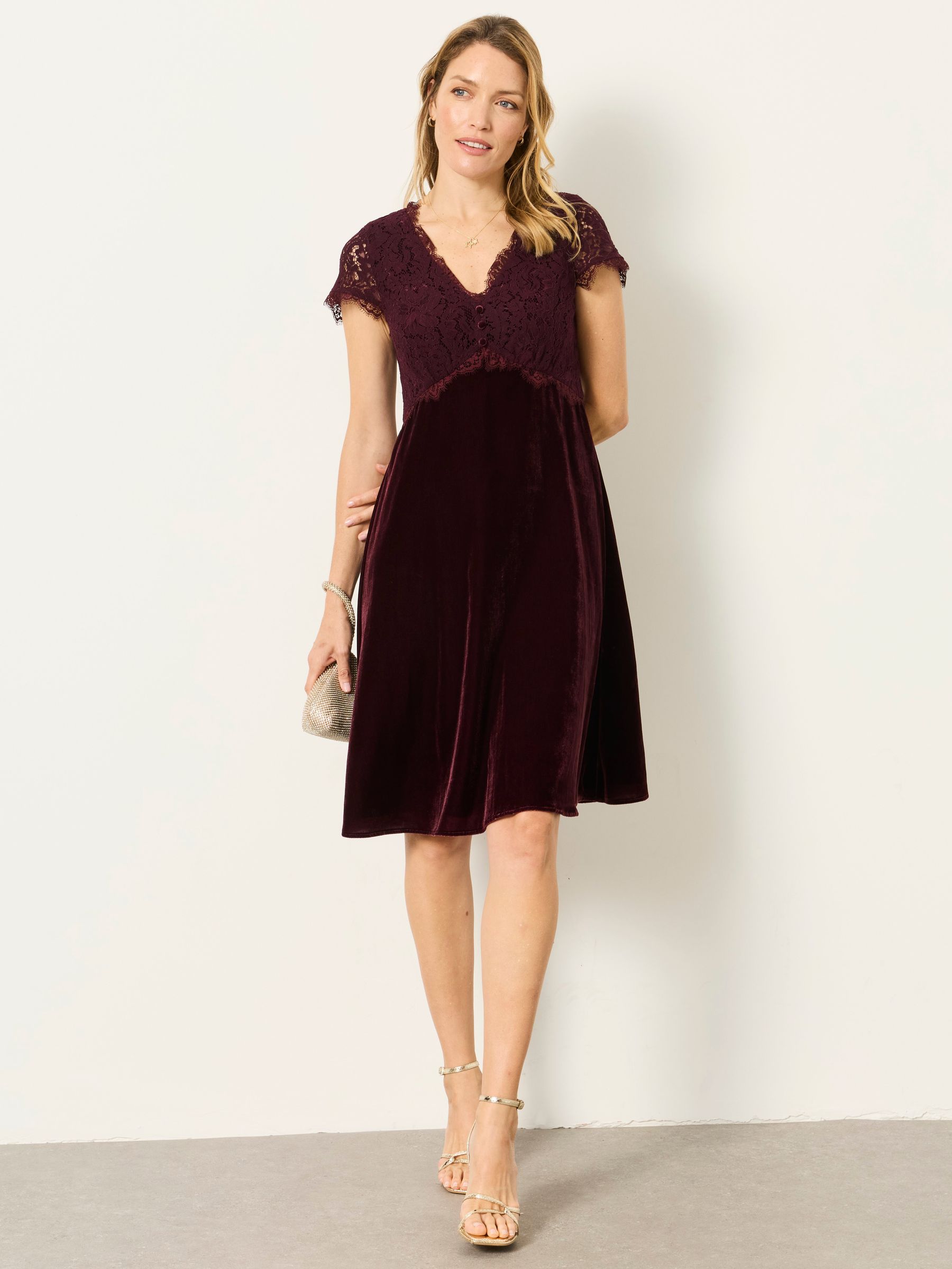Thea Wine Petite Velvet and Lace Dress - Image 1 of 7 Thea Wine Petite Velvet and Lace Dress - Image 1 of 7
