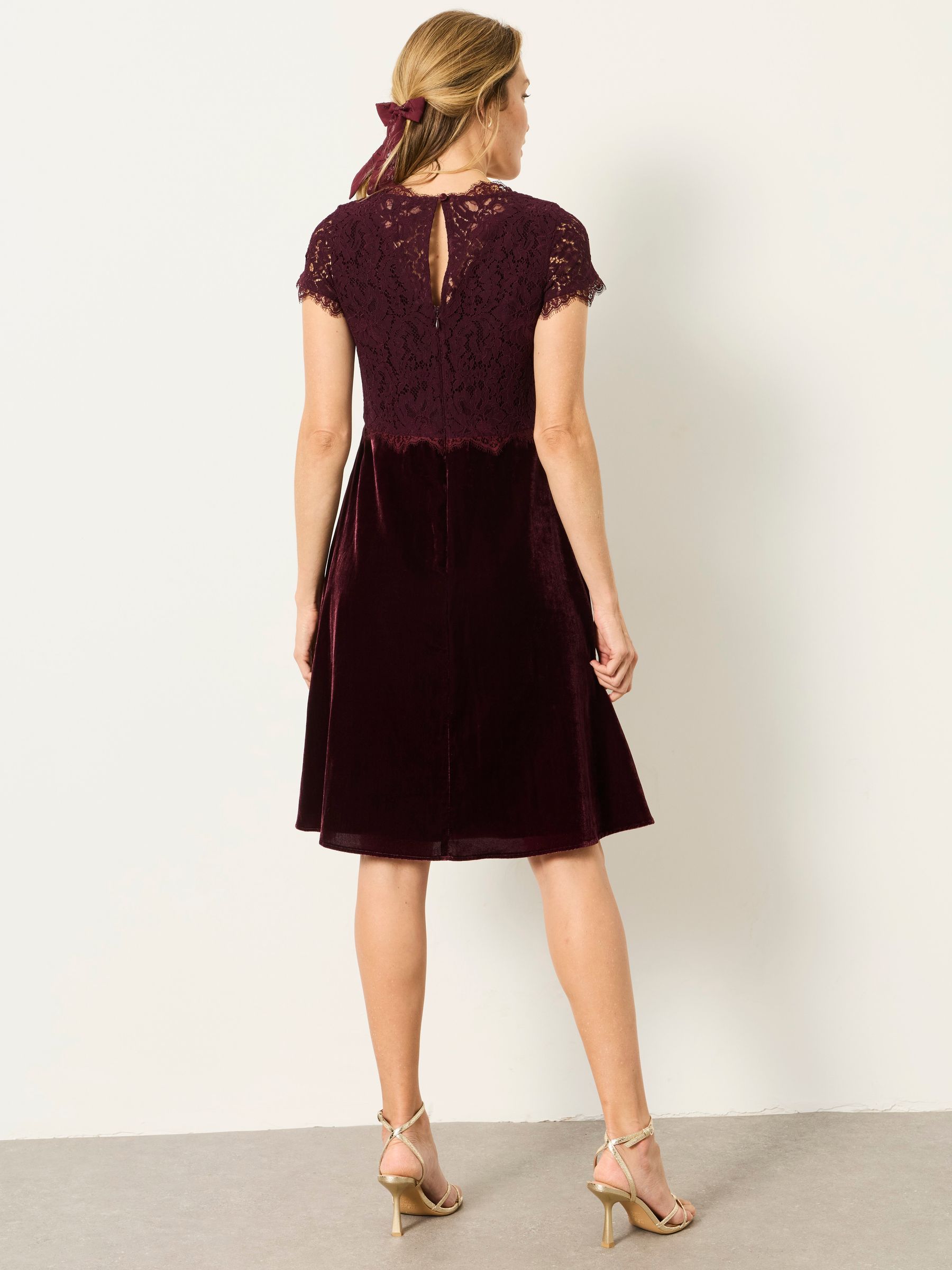 Thea Wine Petite Velvet and Lace Dress - Image 2 of 7