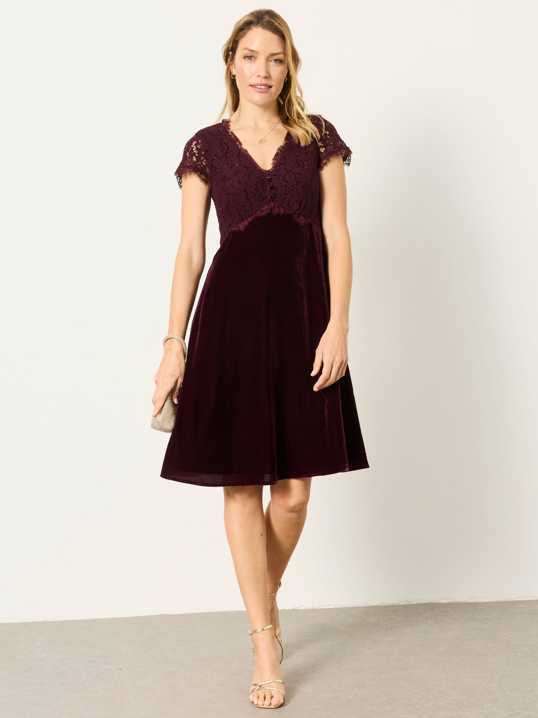 Thea Wine Petite Velvet and Lace Dress - Image 4 of 7