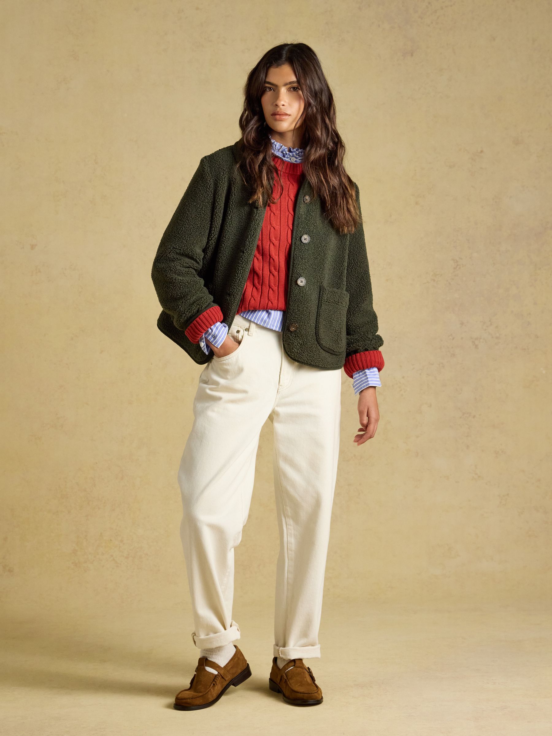 Sadie Khaki Green Button Through Fleece Jacket - Image 3 of 8